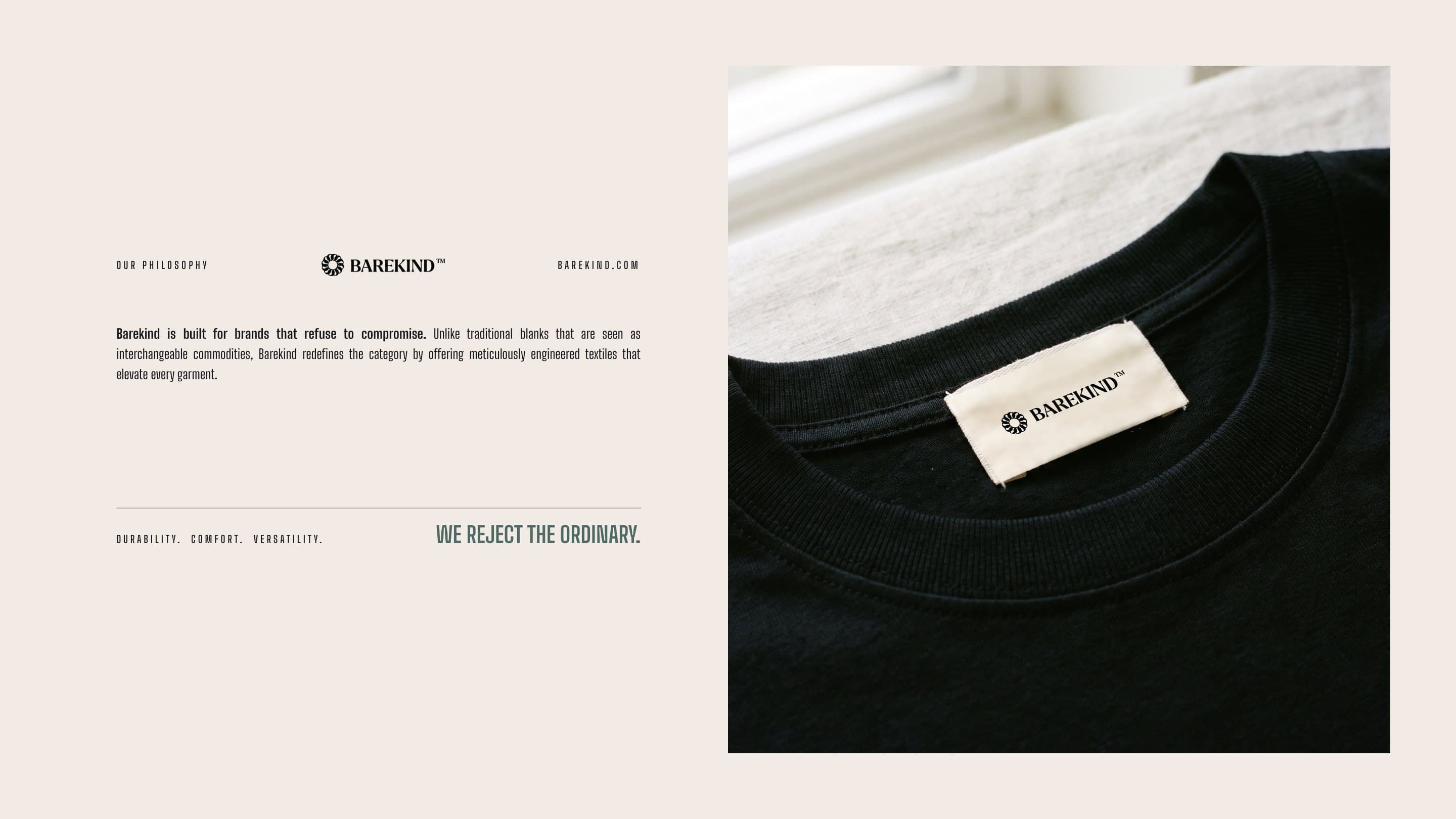 Barekind is built for brands that refuse to compromise, beside the woven Barekind label in an onyx tee