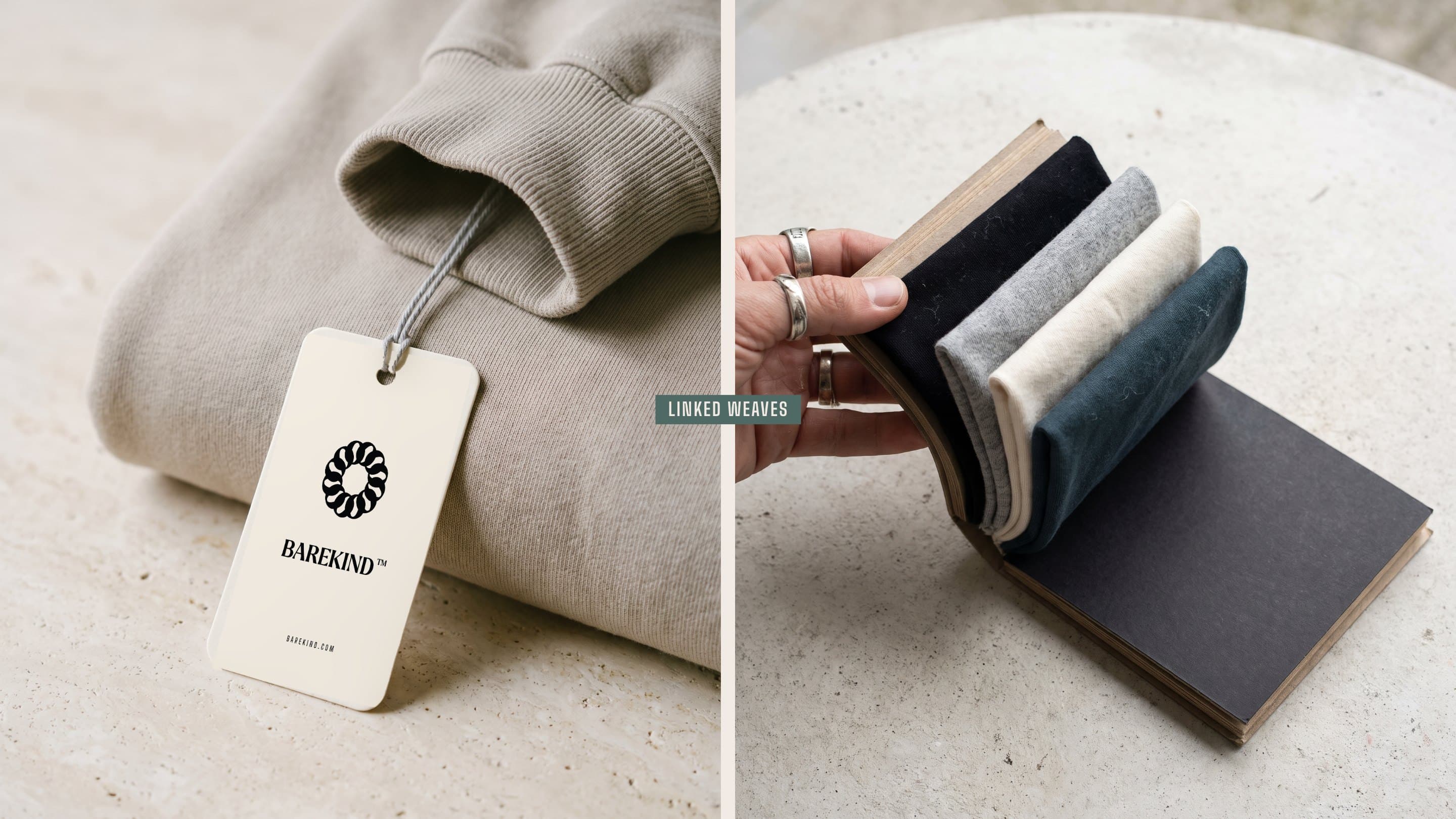 The Barekind hang tag on a stone sweatshirt, and a swatch book of jersey in onyx, ash, base and teal: Linked weaves