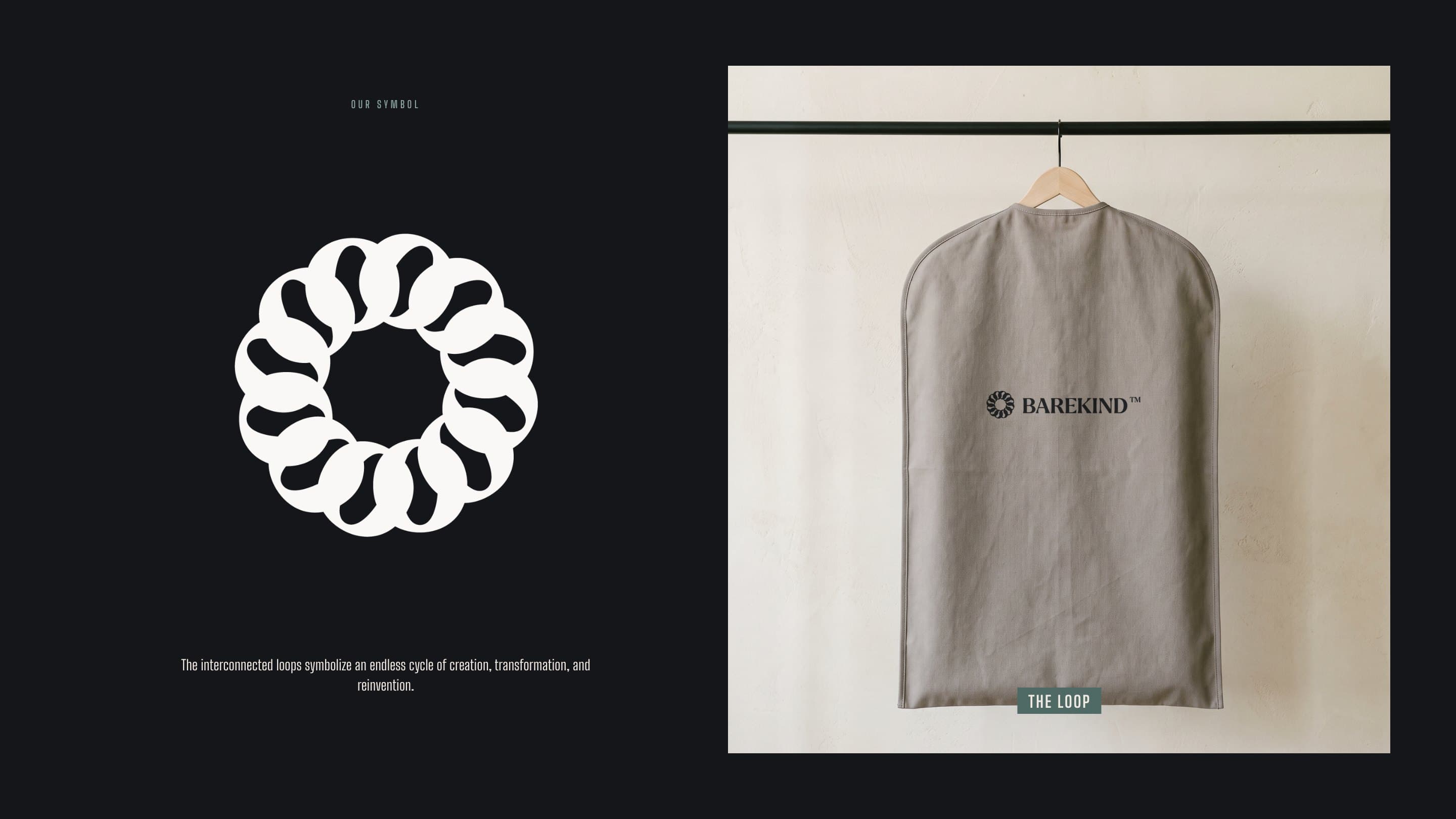 The Barekind loop in white on onyx, and a canvas garment bag printed with the lockup
