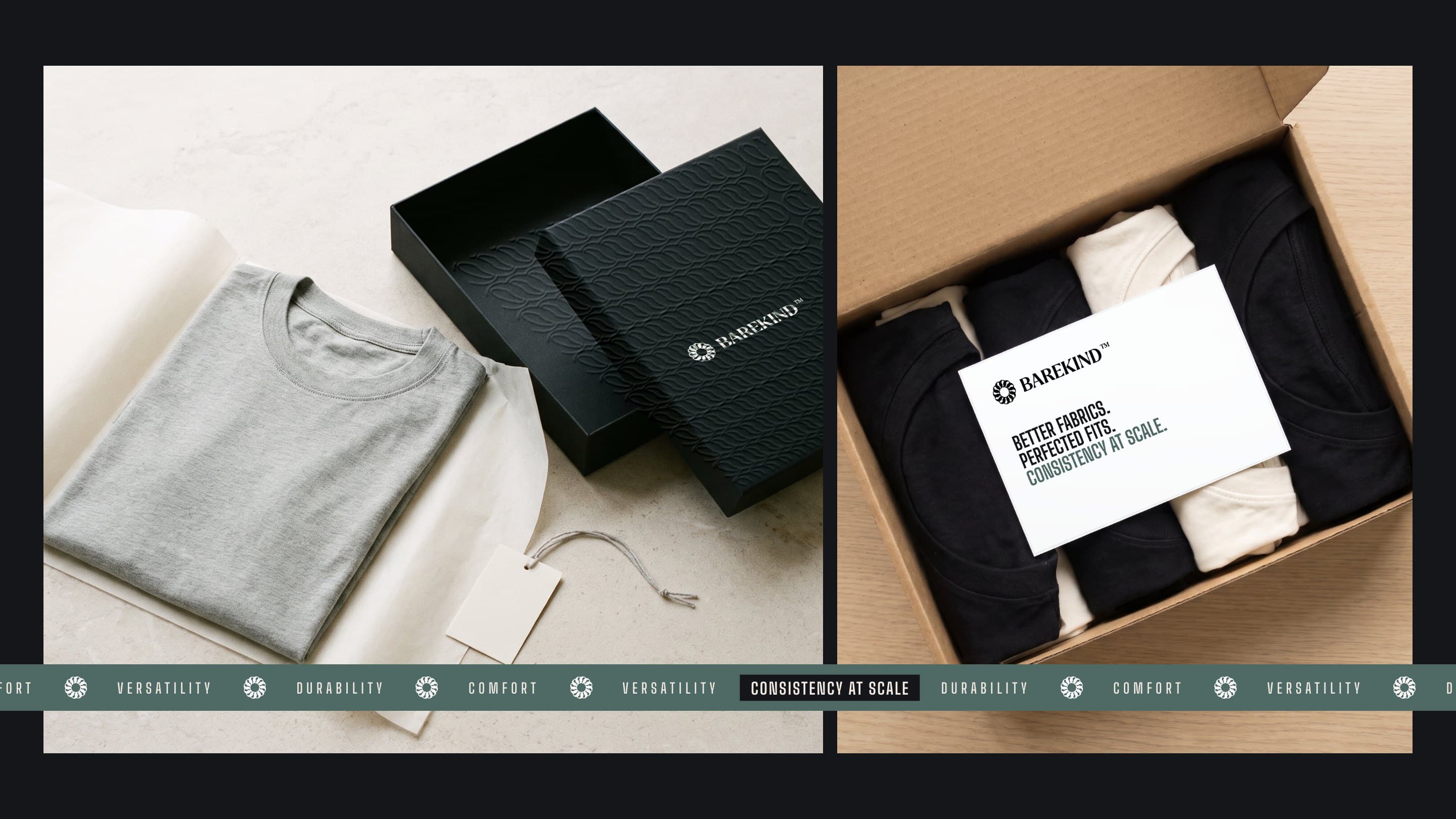 The onyx Barekind box embossed with the chain pattern beside a tee in tissue, and a carton of blanks opened with the spec card