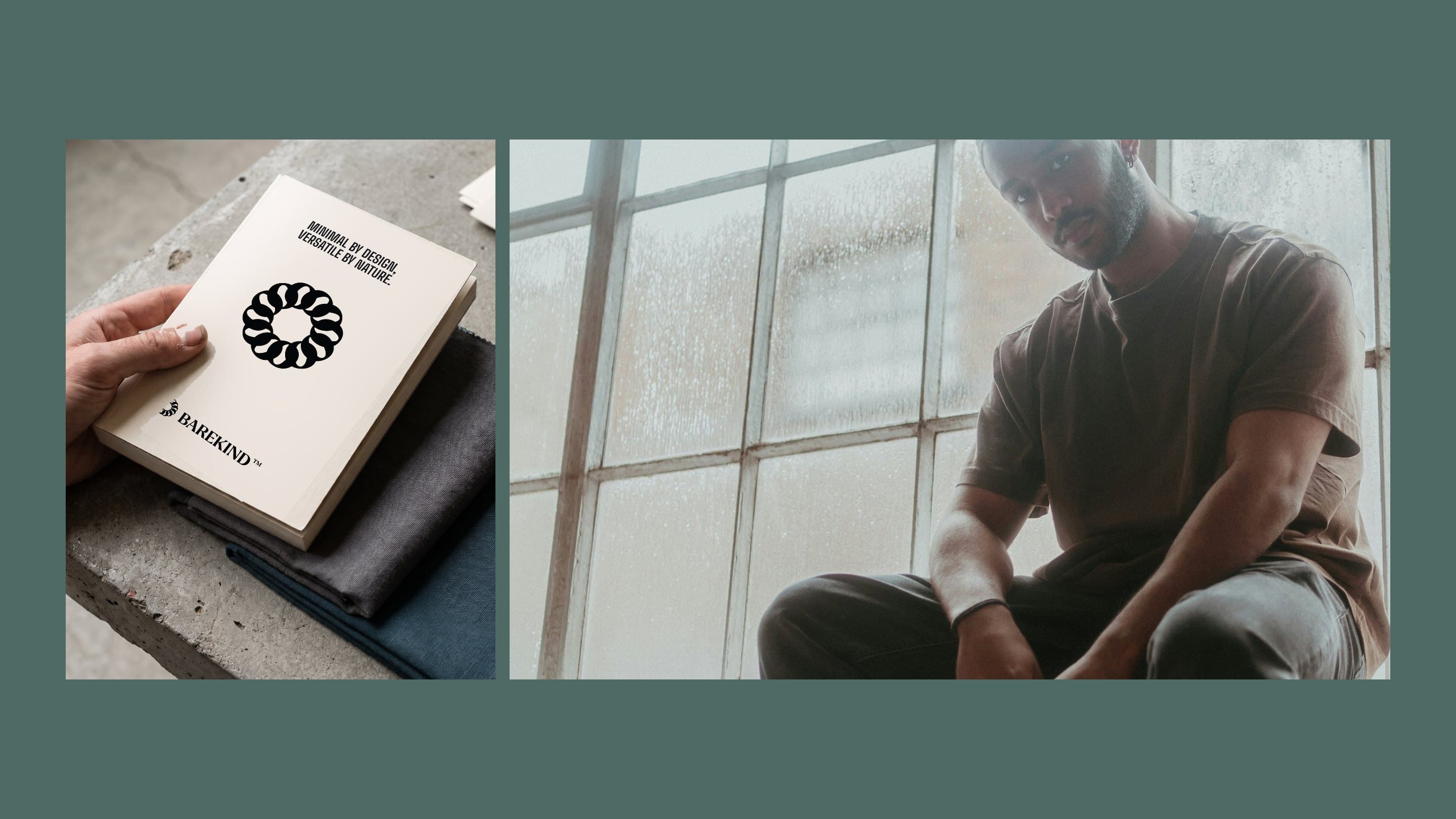 The Barekind lookbook in hand, and a man in a Barekind blank by a tall window, from the campaign