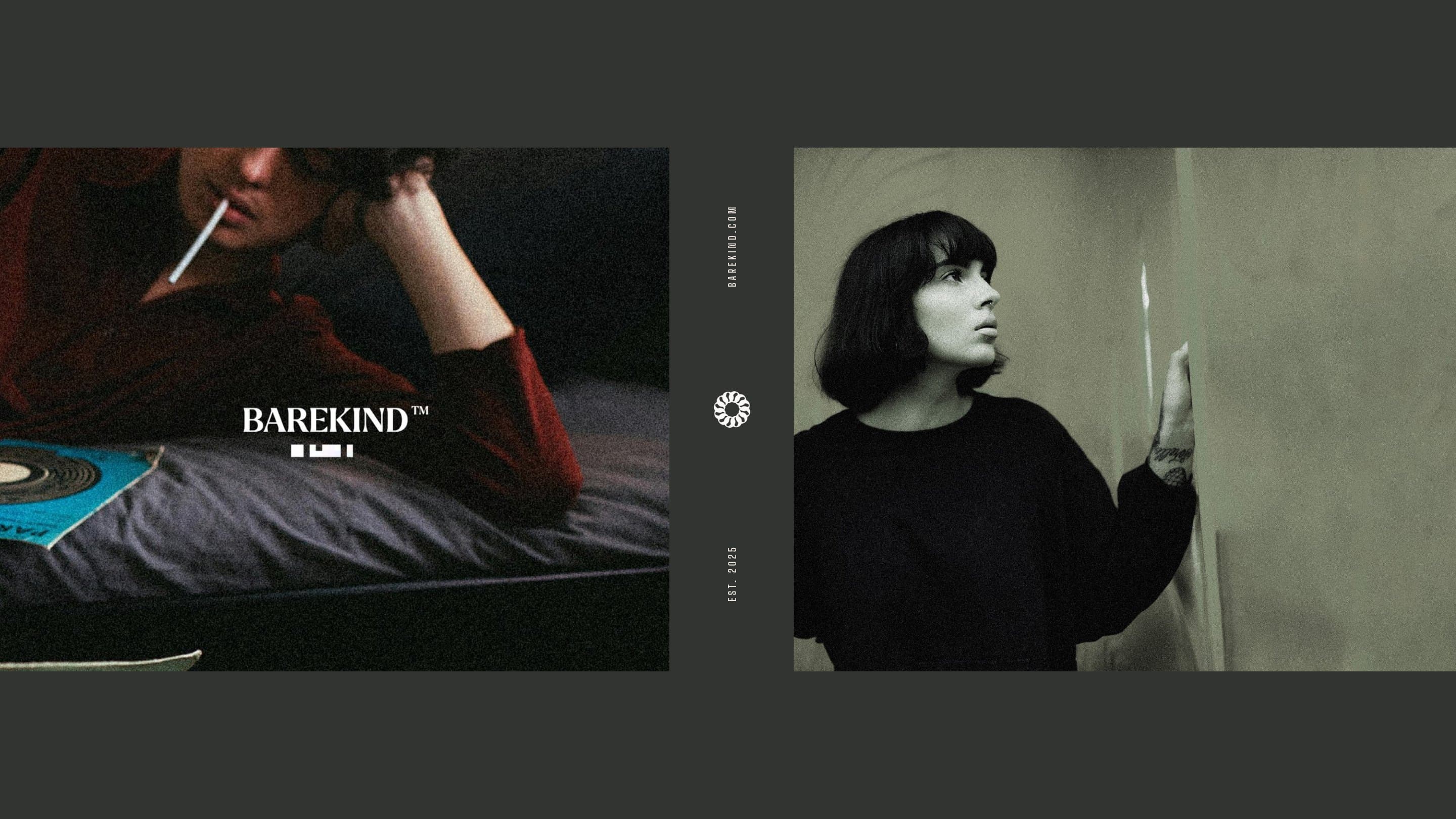 A Barekind launch post, and a woman in a black blank against a wall, the loop up the middle