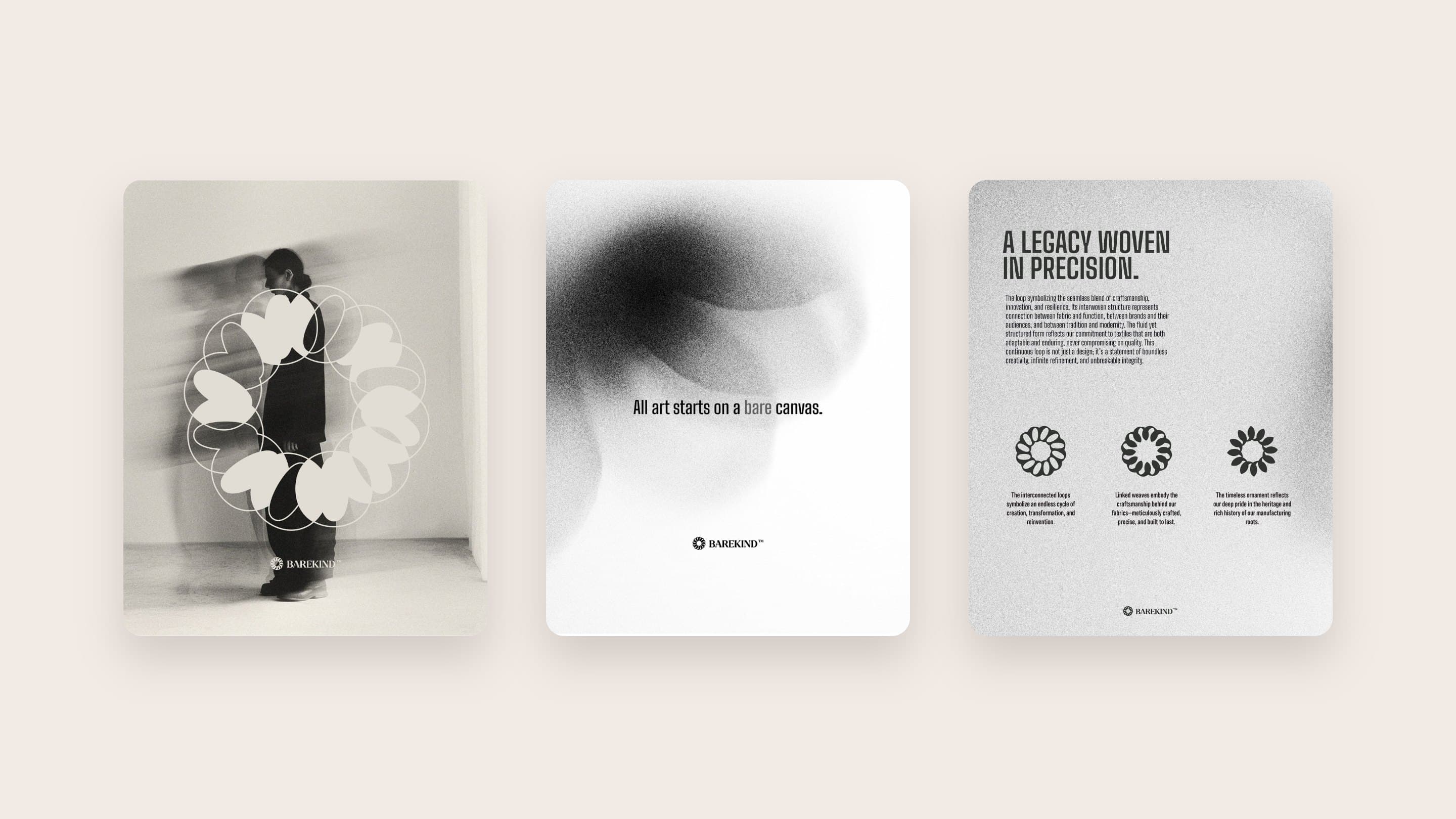 Three Barekind posts: the loop around a figure, All art starts on a bare canvas, and A legacy woven in precision.