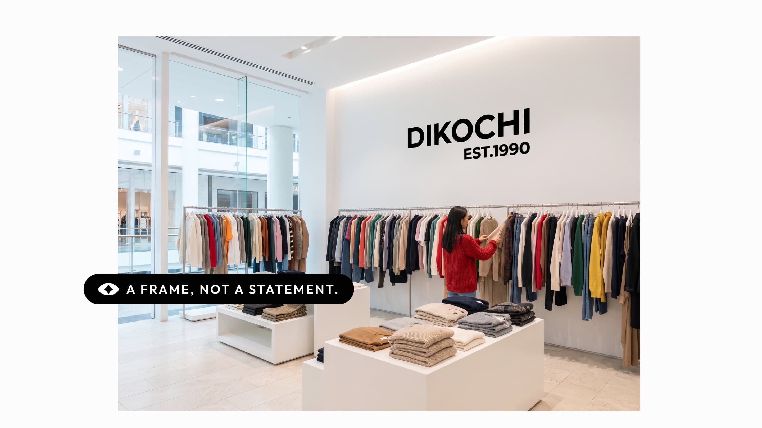 A Dikochi outlet in a Dubai mall, rails of many brands, under the line A frame, not a statement