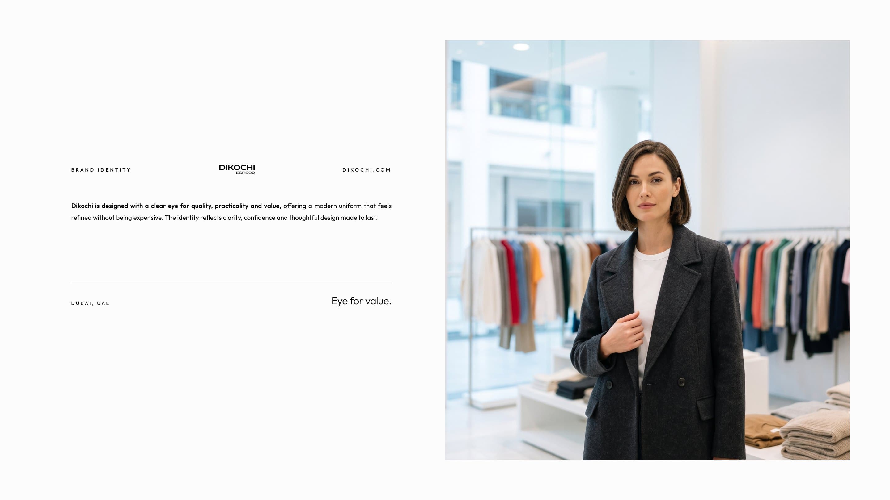A woman in a charcoal coat in the store, beside the brand in the guidebook's words
