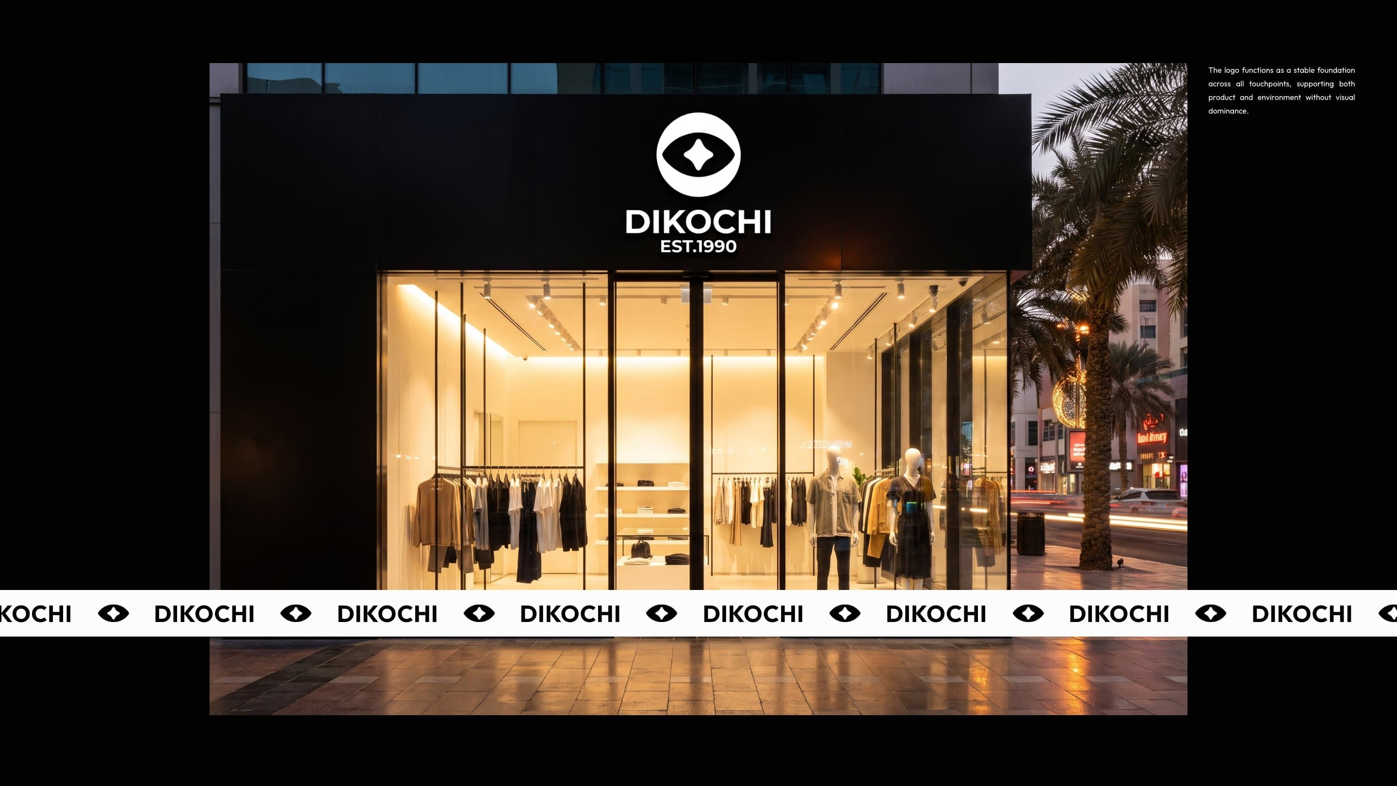 The black Dikochi store front at dusk with the running wordmark strip