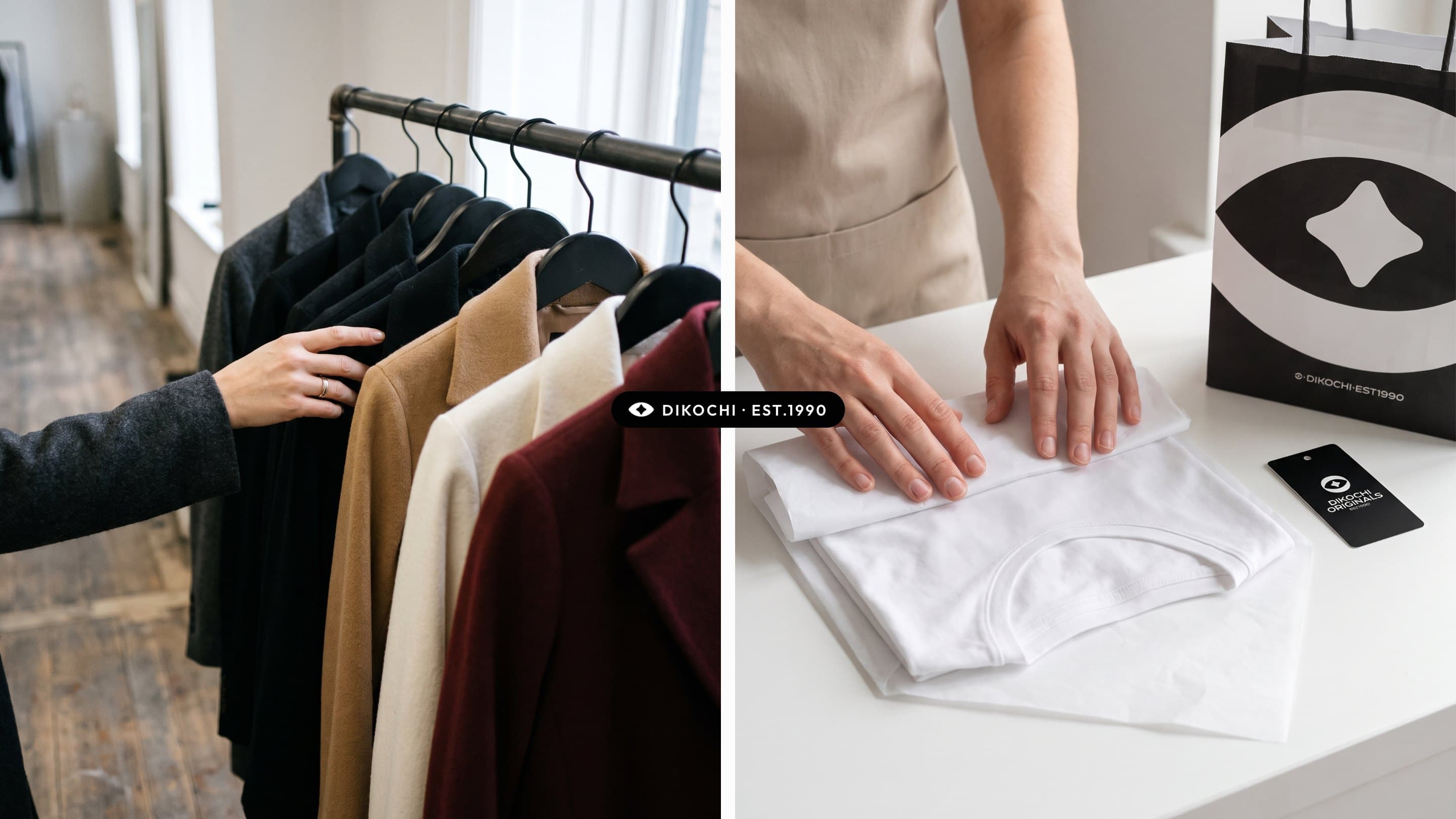 A hand choosing from a rail of coats beside a sale folded into tissue, with the Dikochi stamp