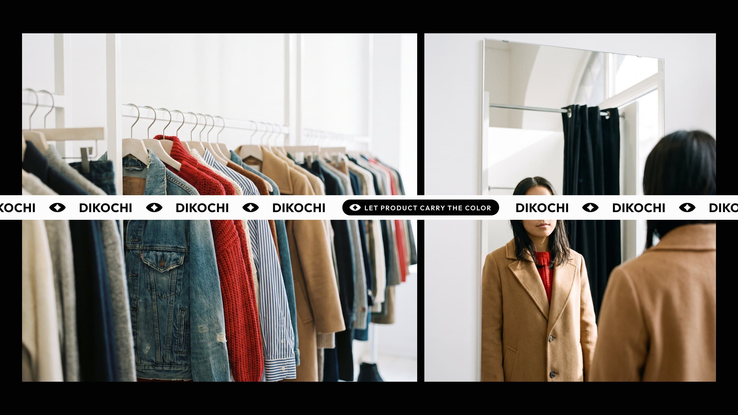 A rail of many brands and a fitting room, with the strip and a Let product carry the color stamp