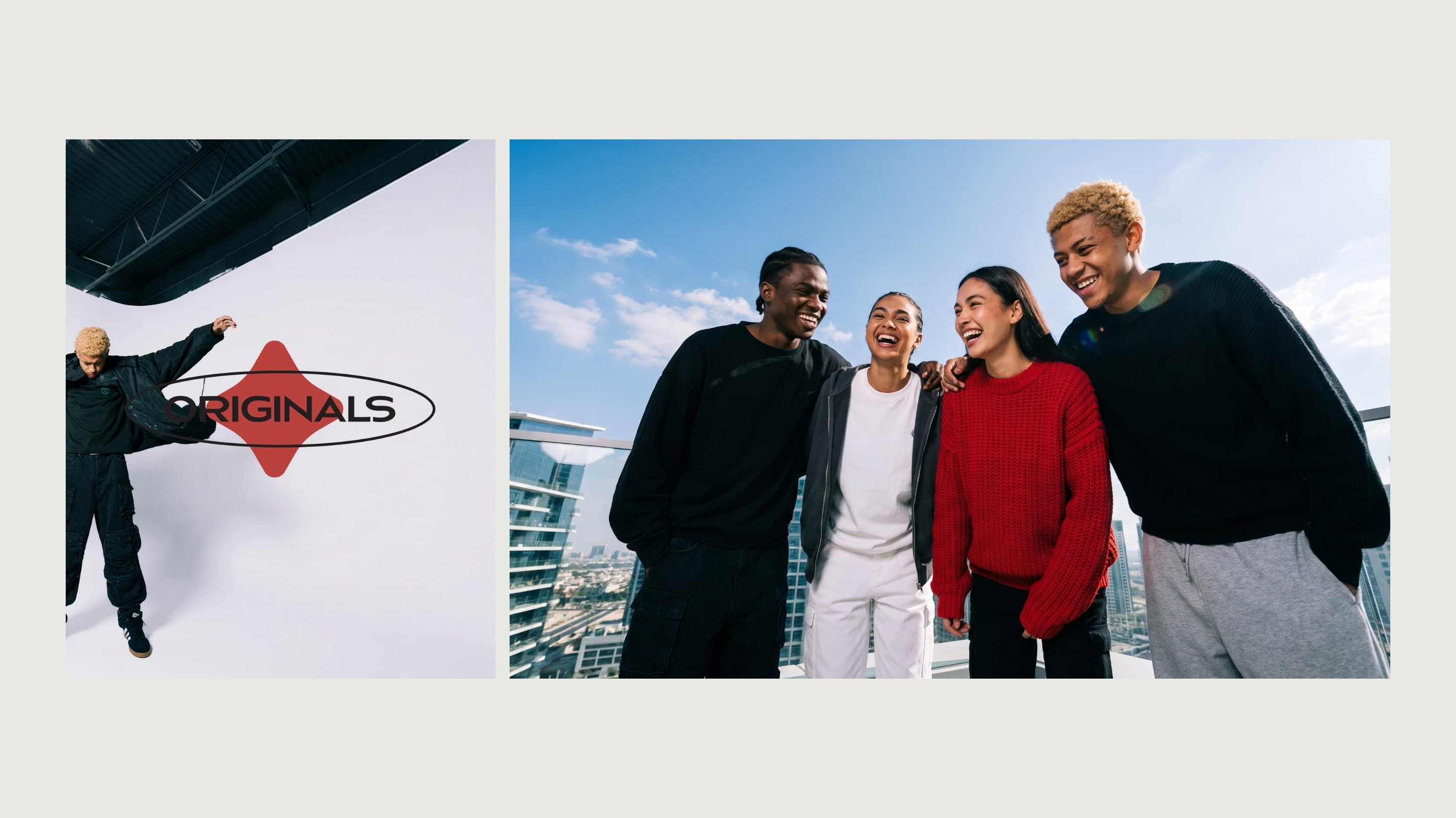 An Originals leap with the oval badge, and the line's models laughing on a Dubai rooftop