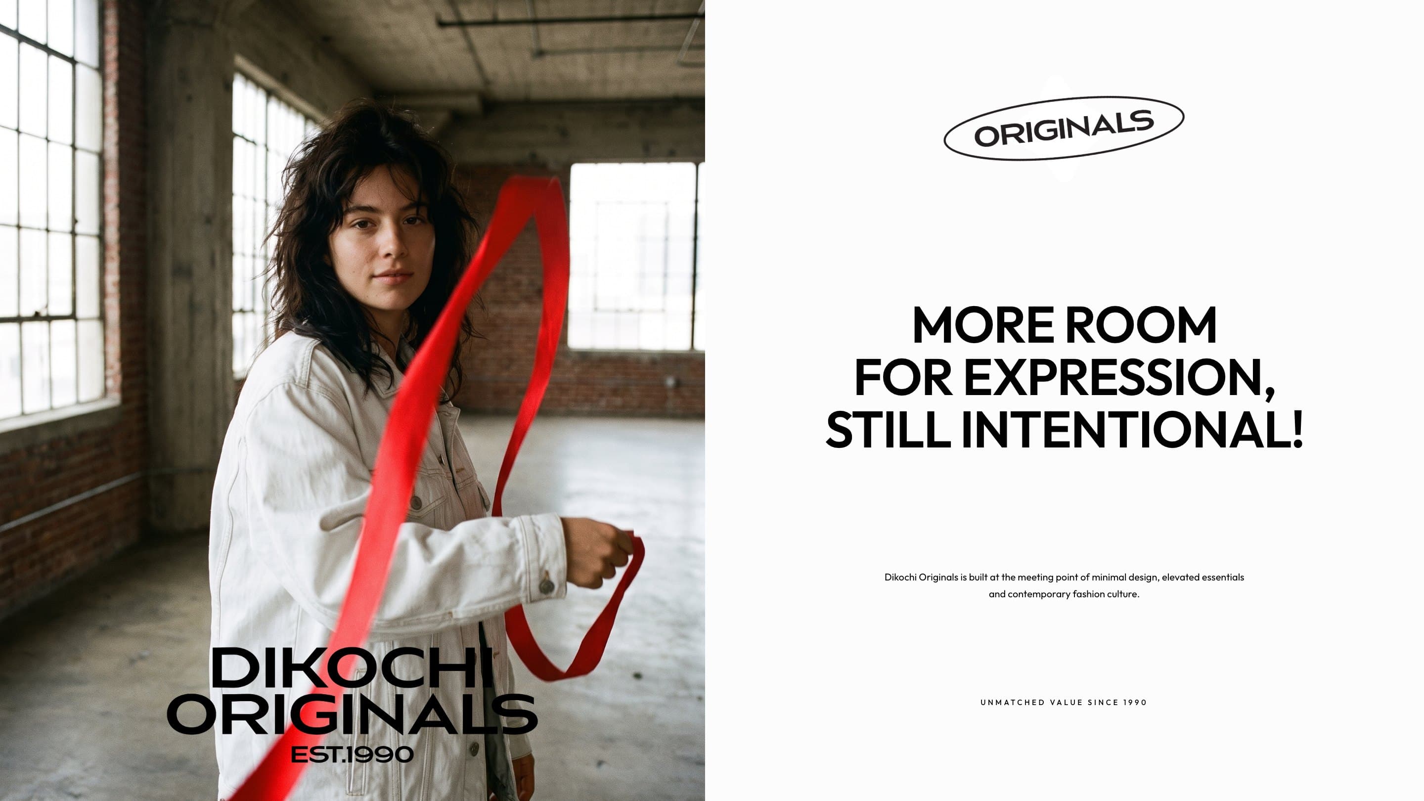 A model with a red ribbon and the Originals wordmark, beside More room for expression, still intentional!