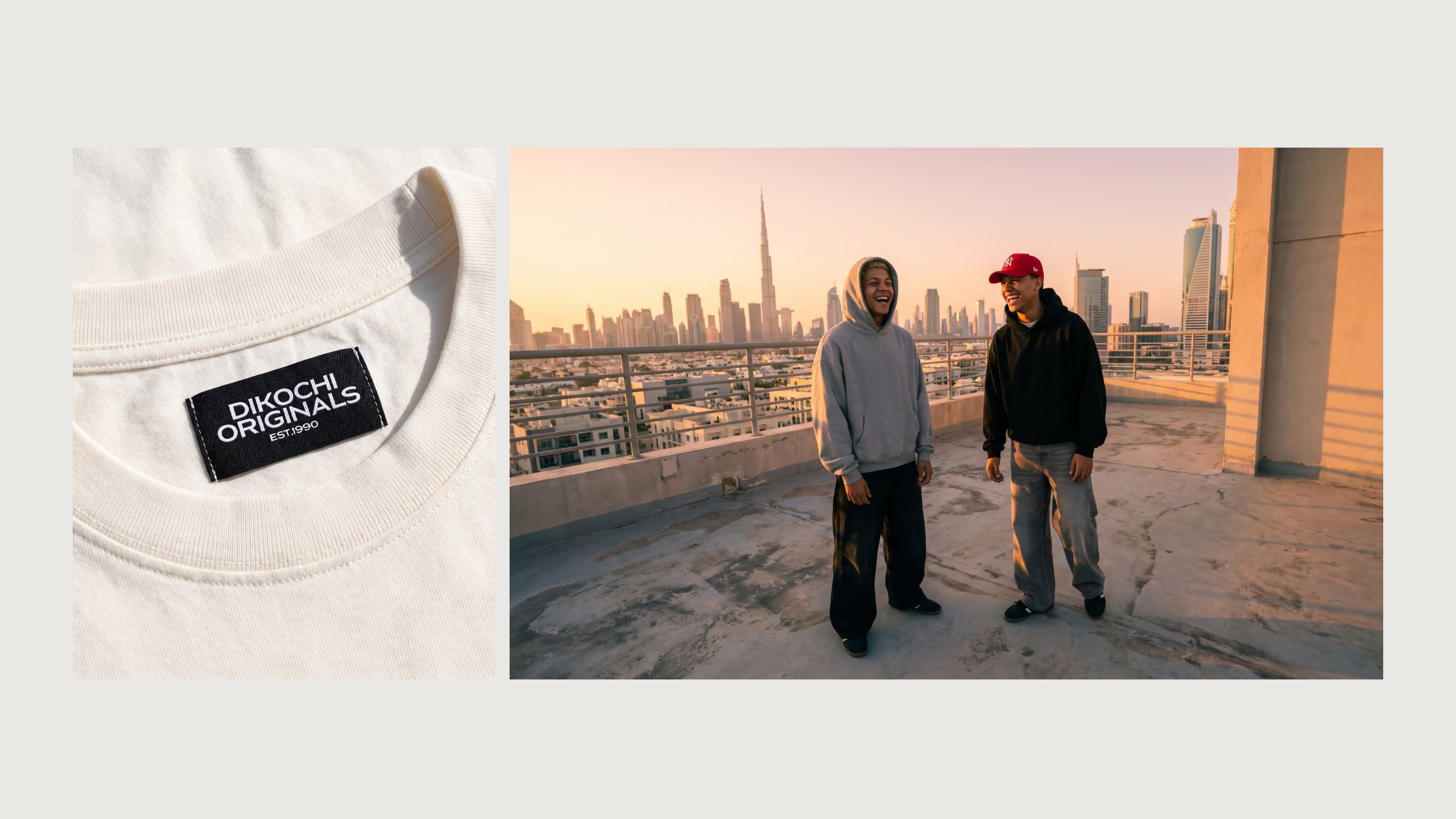 The Dikochi Originals woven label, and two friends on a rooftop at golden hour