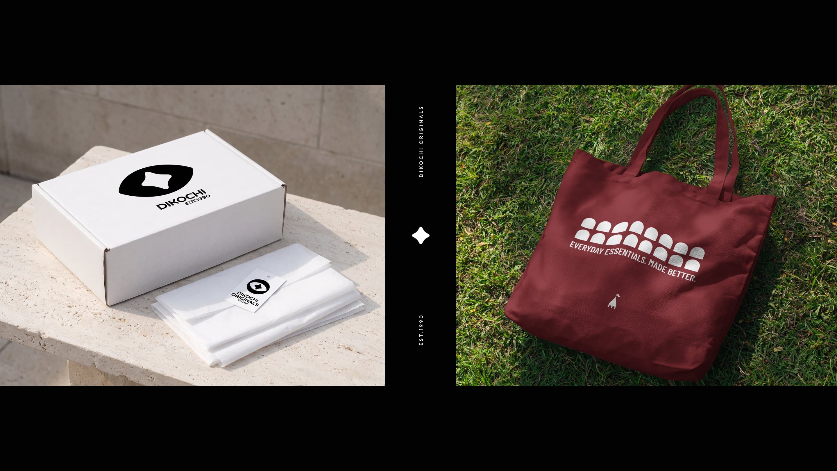 The Dikochi box with an Originals tag, and the tote on grass