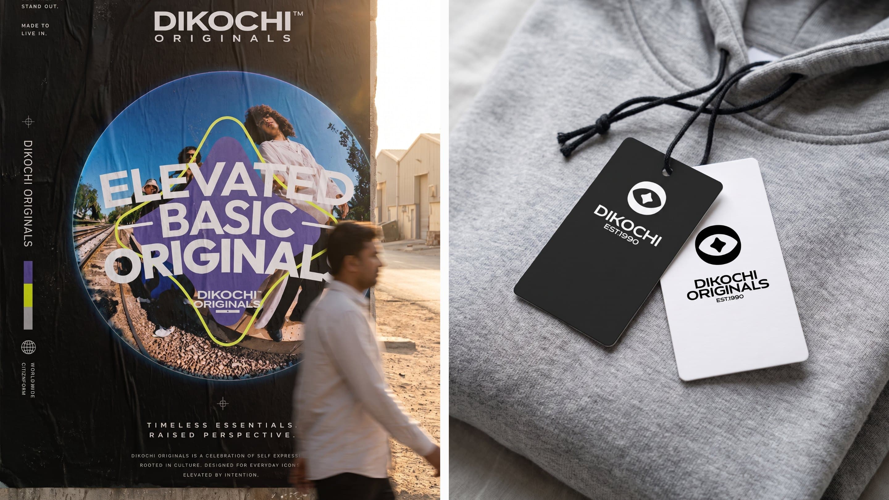 The Elevated Basic Originals poster in Al Quoz, and the two hang tags