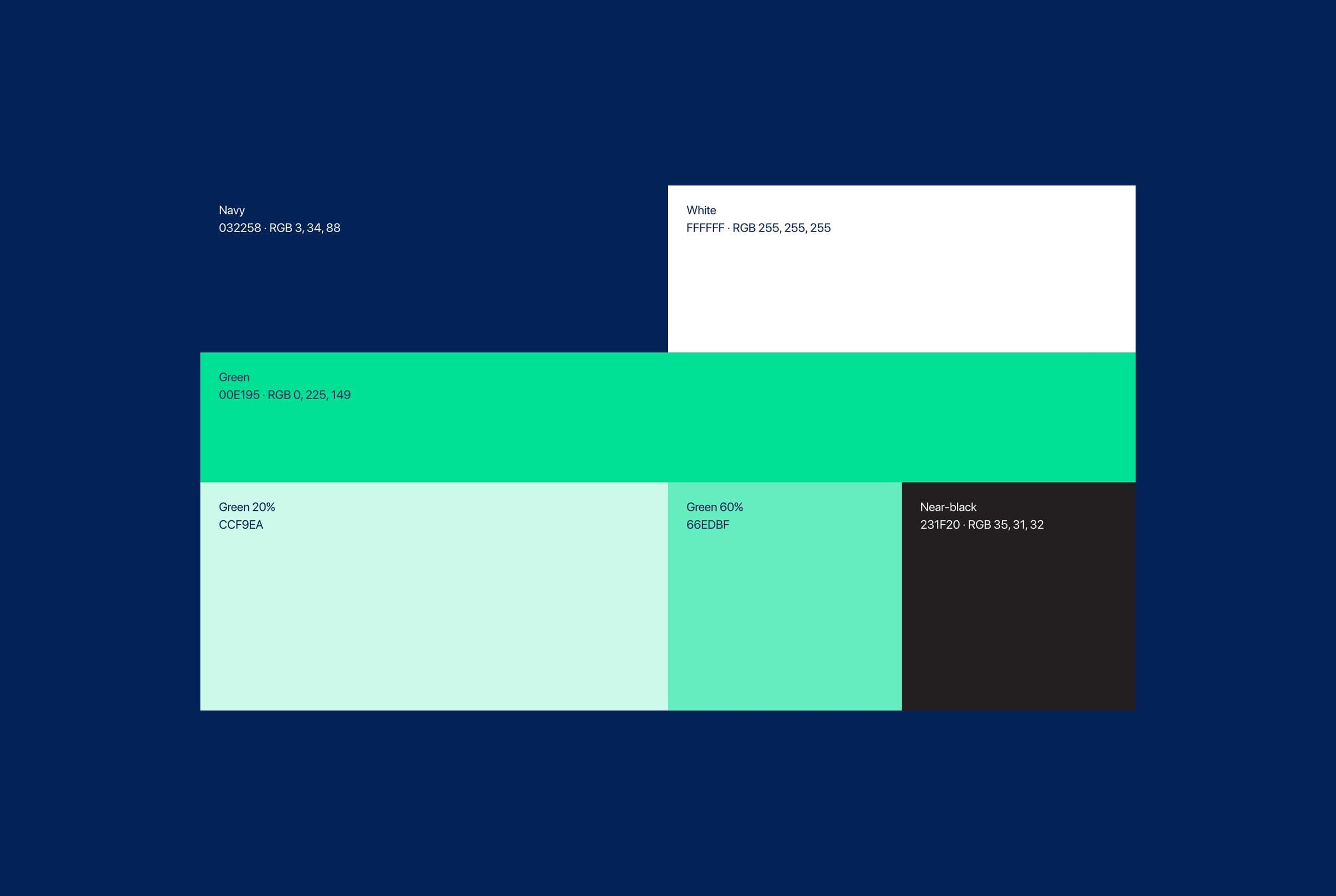 The palette as blocks on navy: white, green 00E195, green 20% and 60%, near-black 231F20