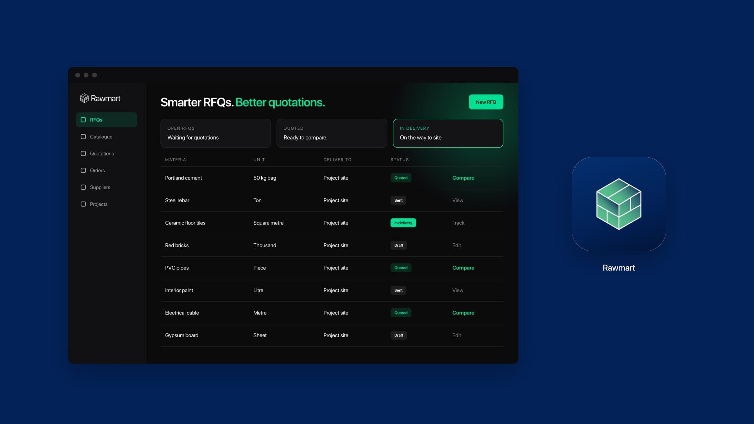 The Rawmart supplier dashboard in a browser, beside the app icon