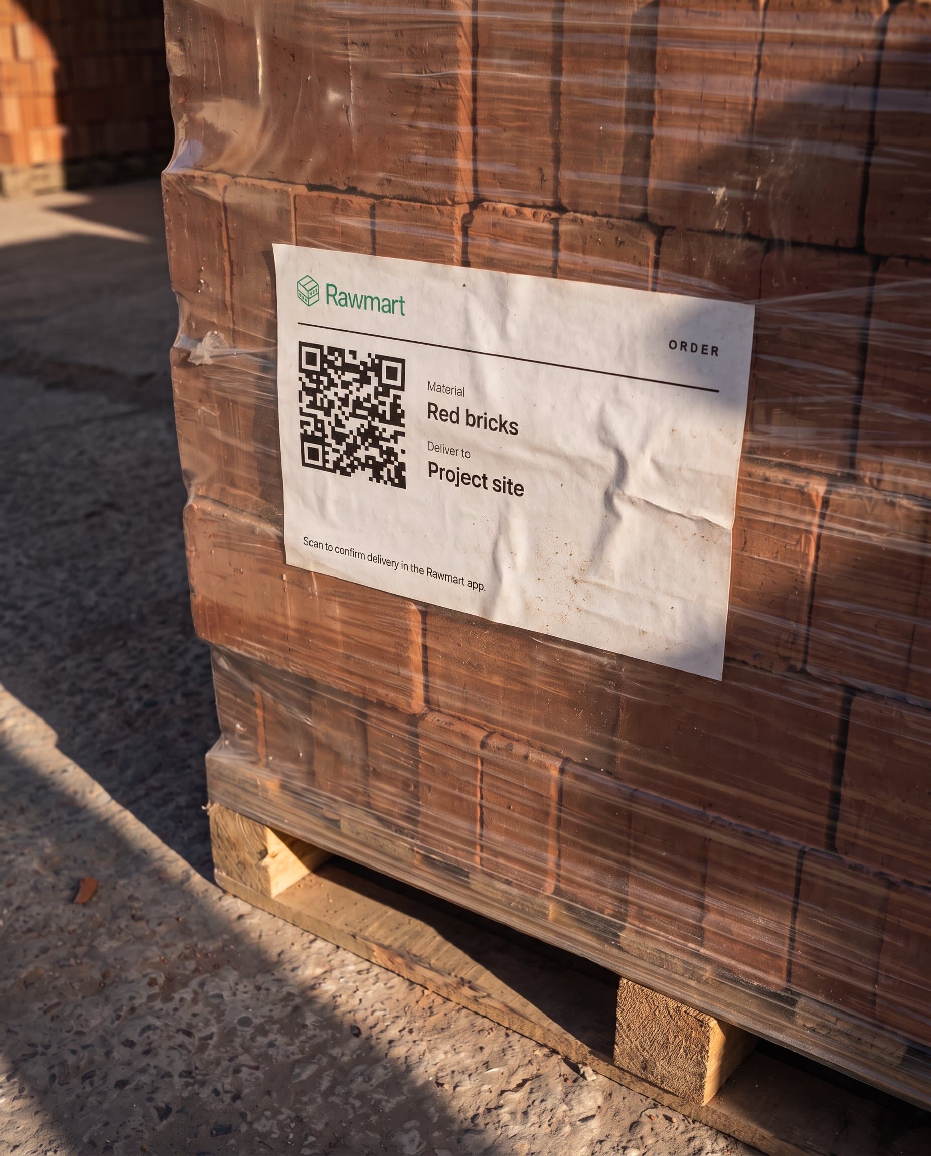 A Rawmart delivery label with a QR code on a pallet of red bricks