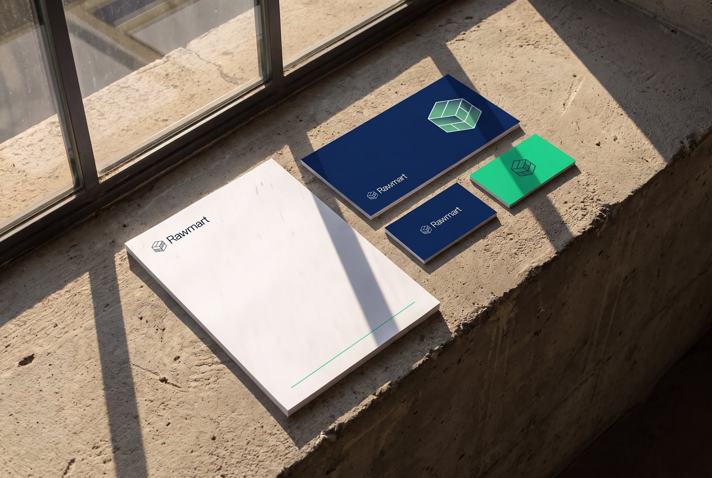 Rawmart stationery on a concrete sill: letterhead and navy and green business cards
