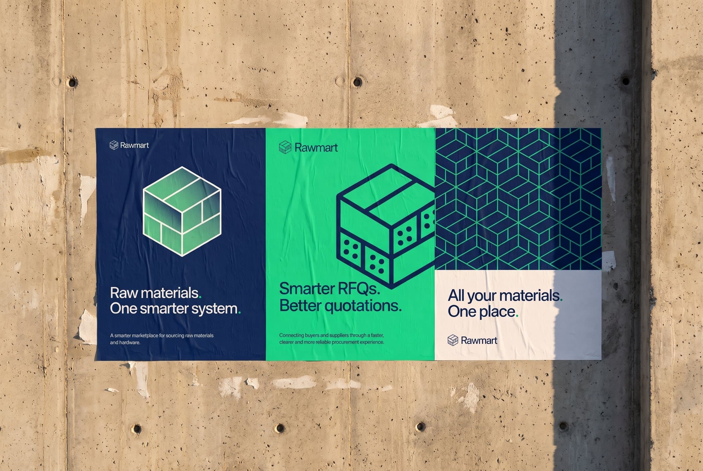 Three Rawmart posters on a concrete wall: Raw materials. One smarter system., Smarter RFQs. Better quotations., All your materials. One place.