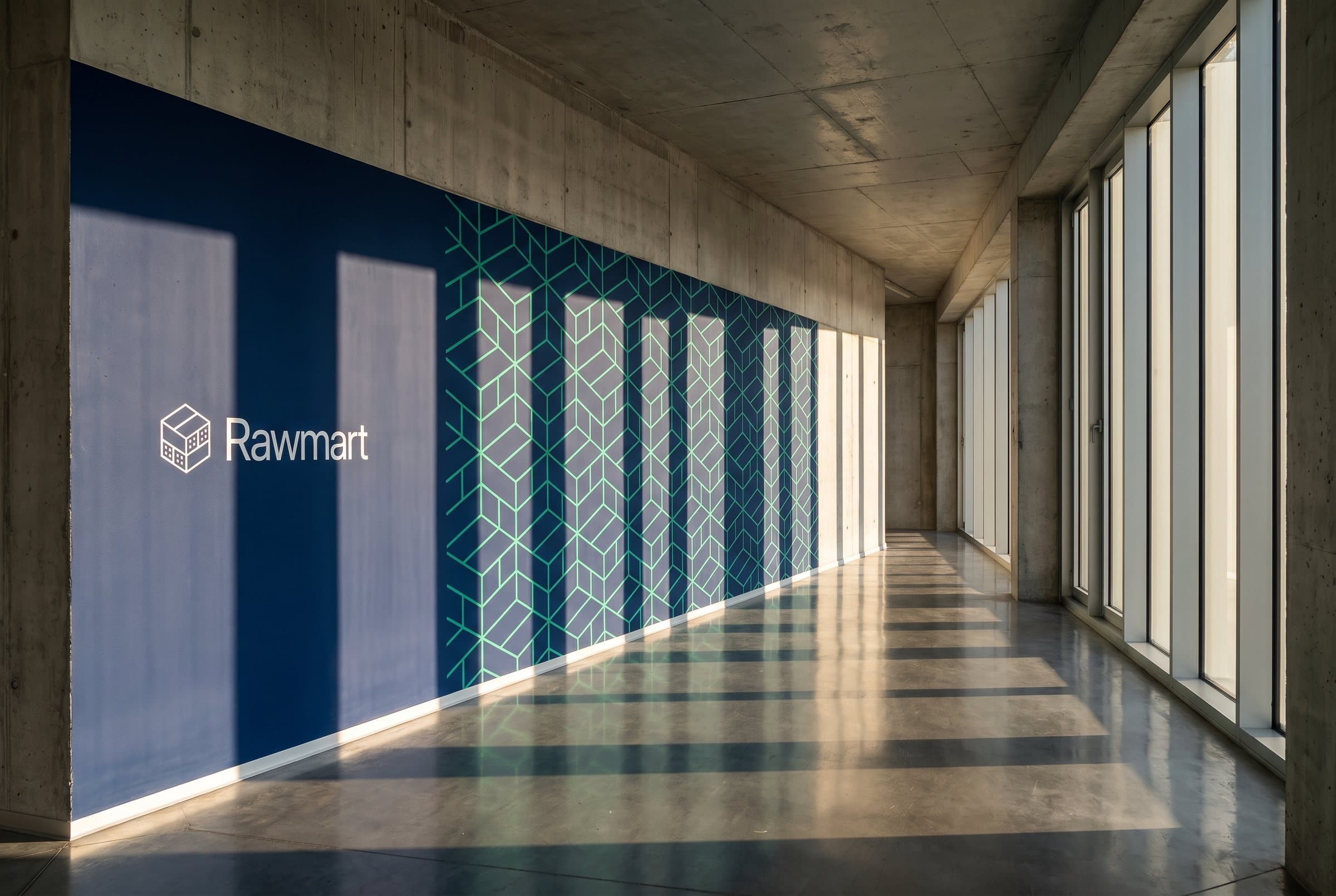 The Rawmart wordmark and module pattern in navy along an office corridor