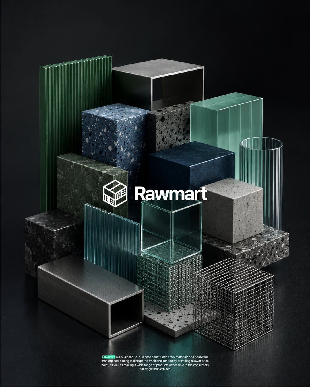 The Rawmart wordmark among blocks of stone, glass, steel and terrazzo