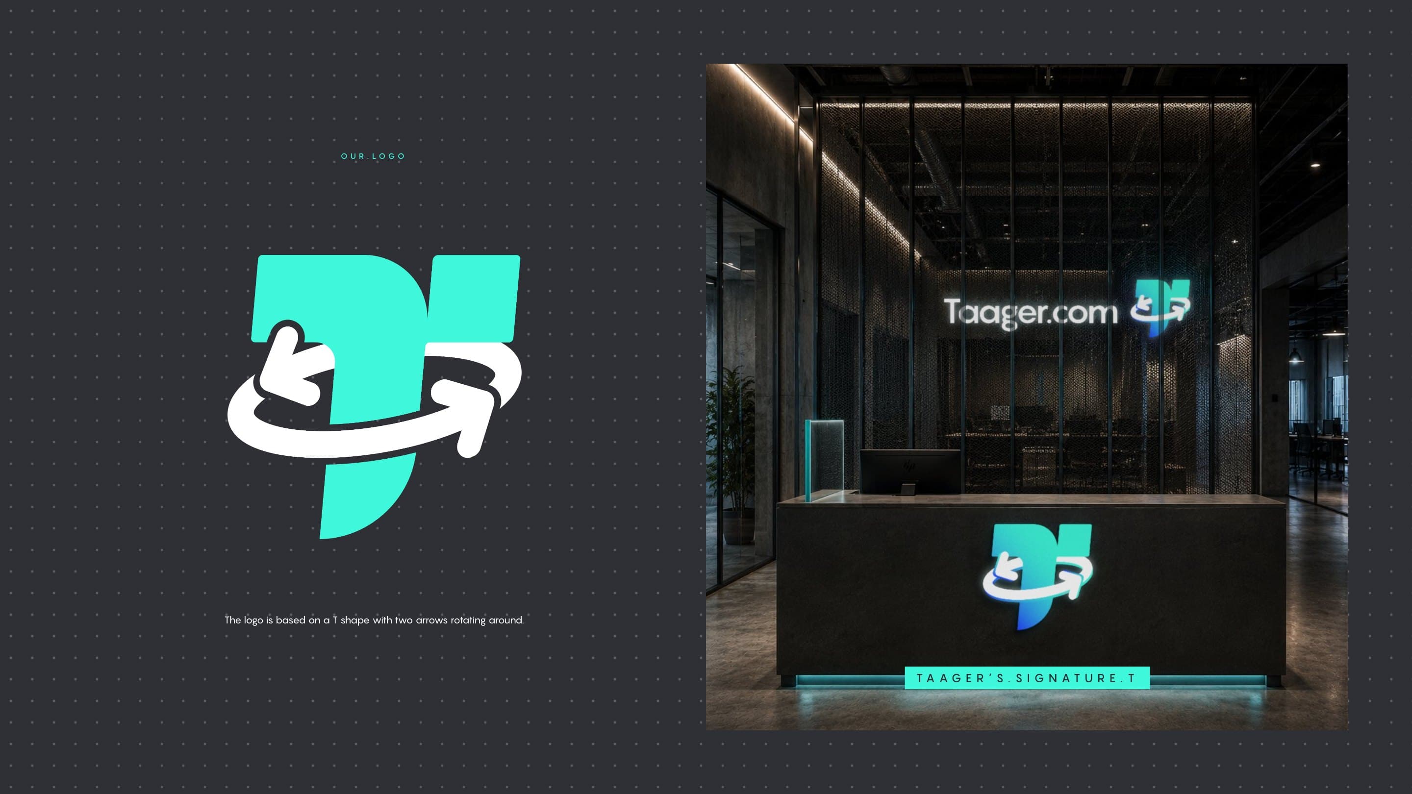 The Taager icon large on grey beside the reception desk with the logo on the wall
