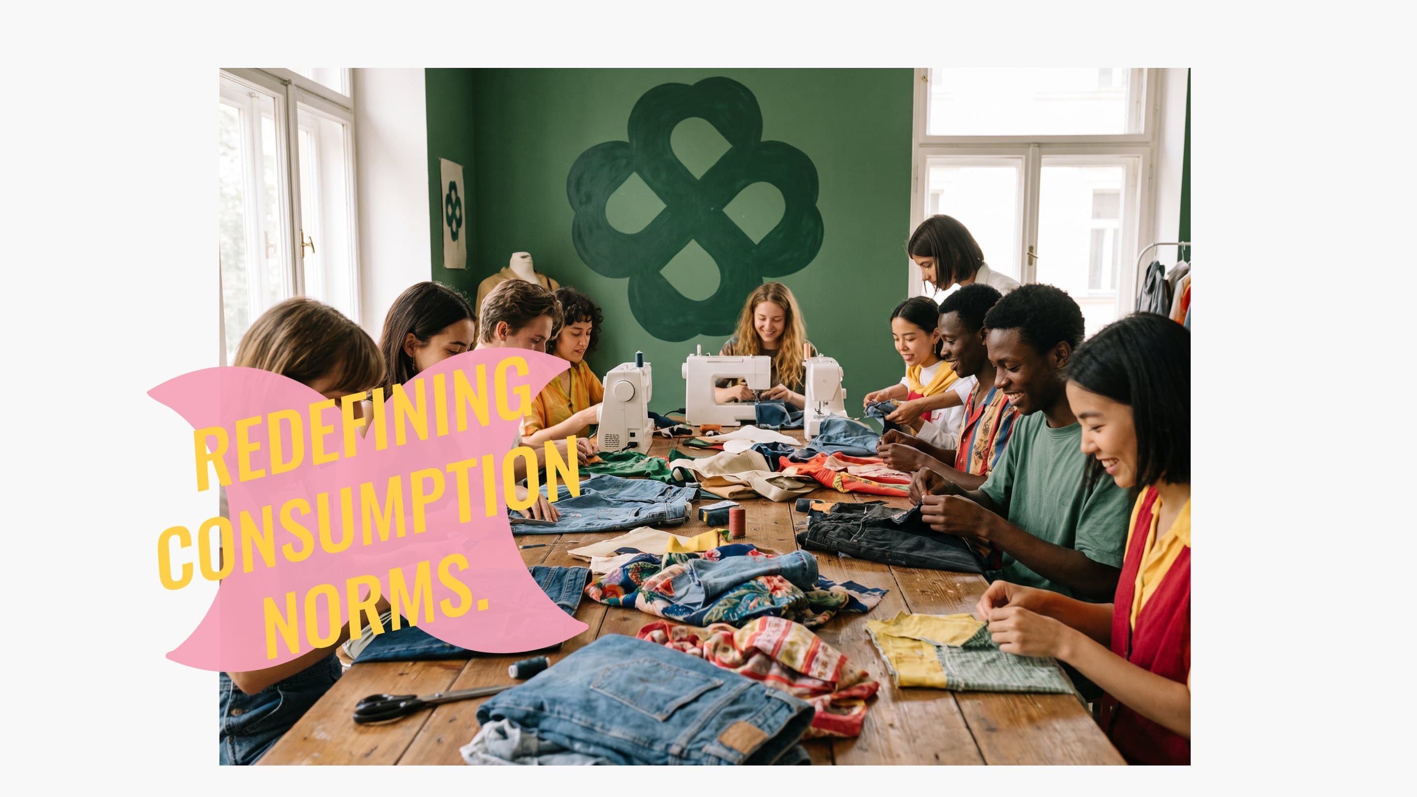An upcycling workshop under a clover mural, with the pink Redefining consumption norms element across it