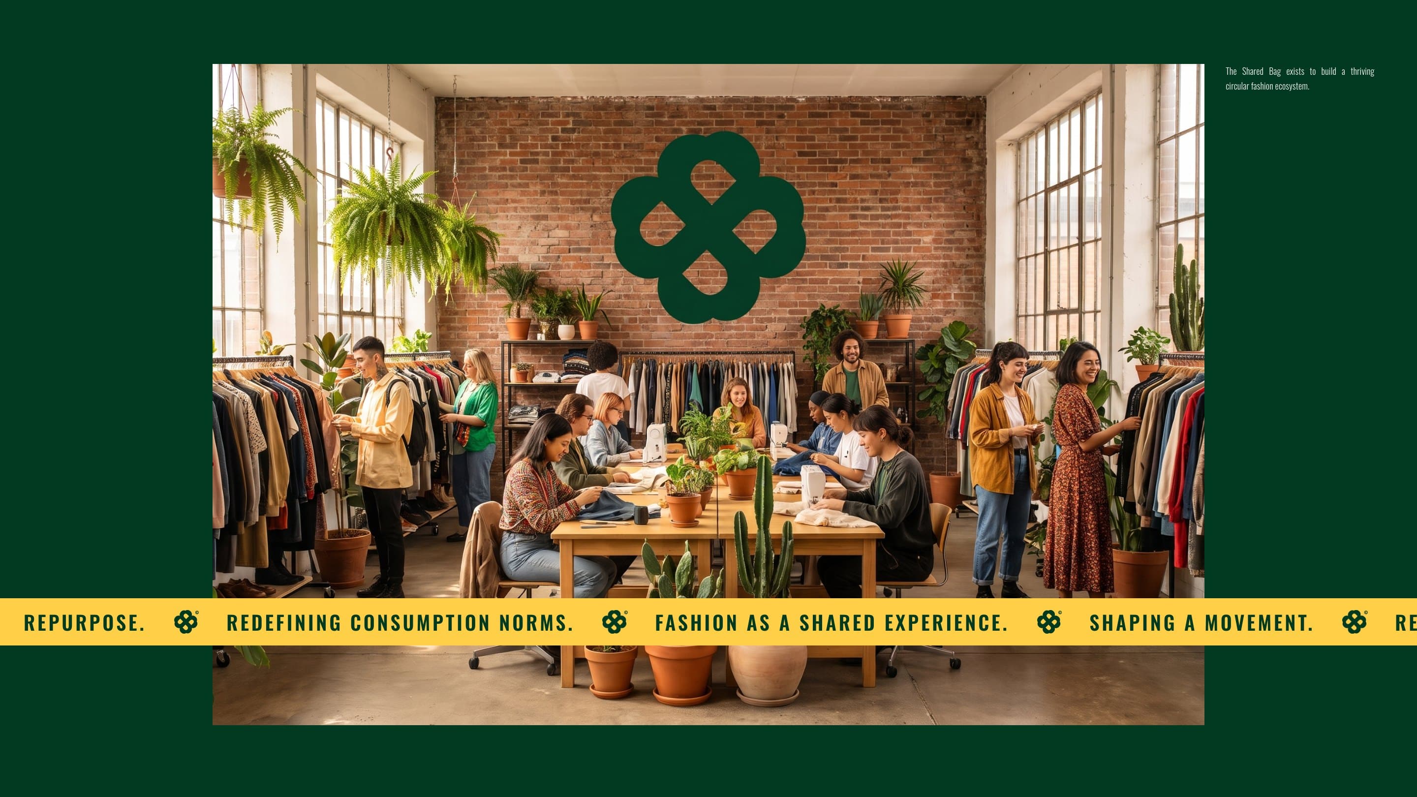 The Shared Bag community space with its clover mural, the phrase band across it