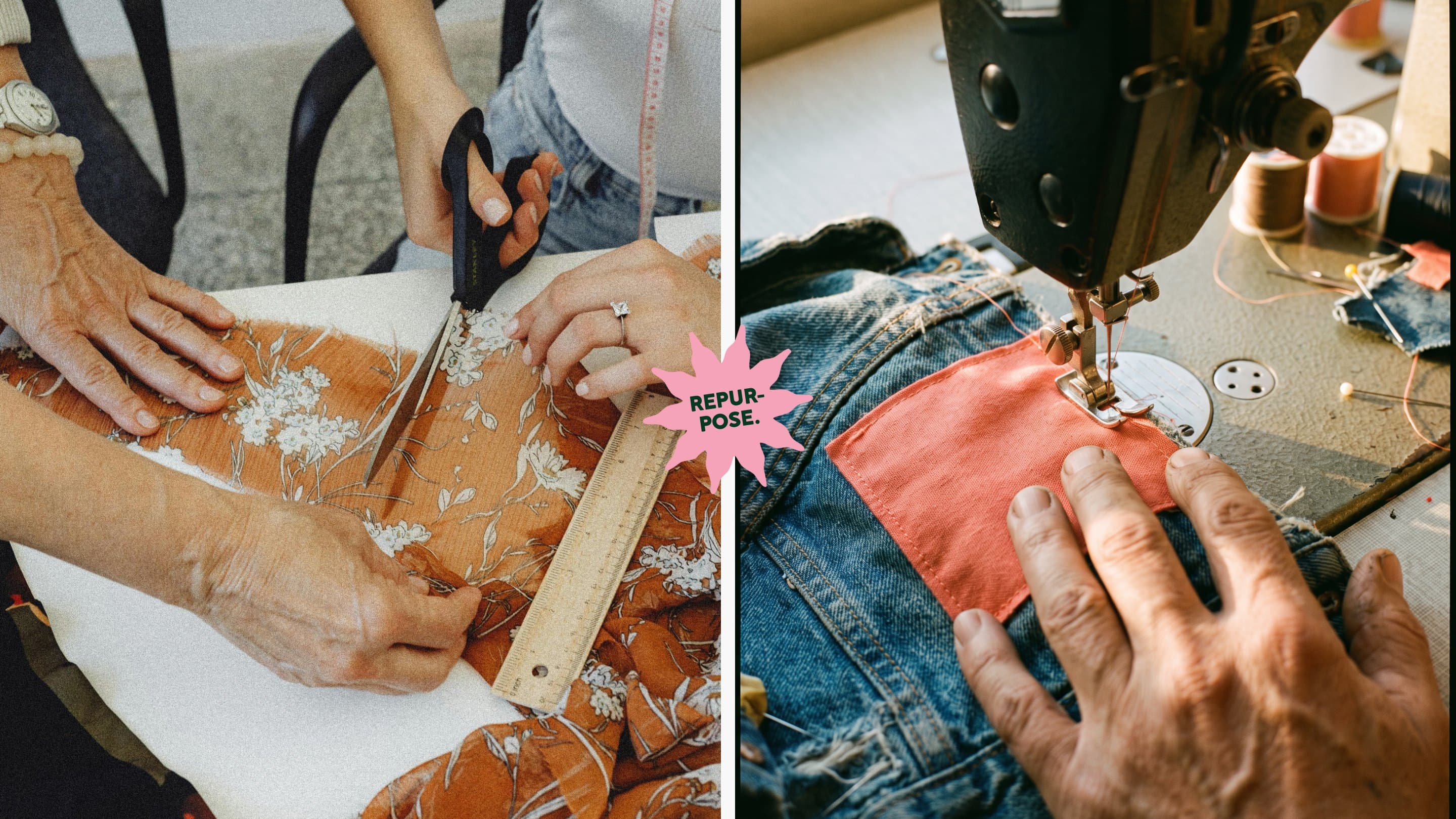Hands cutting fabric beside a patch stitched onto denim, with the pink Repurpose sunflare