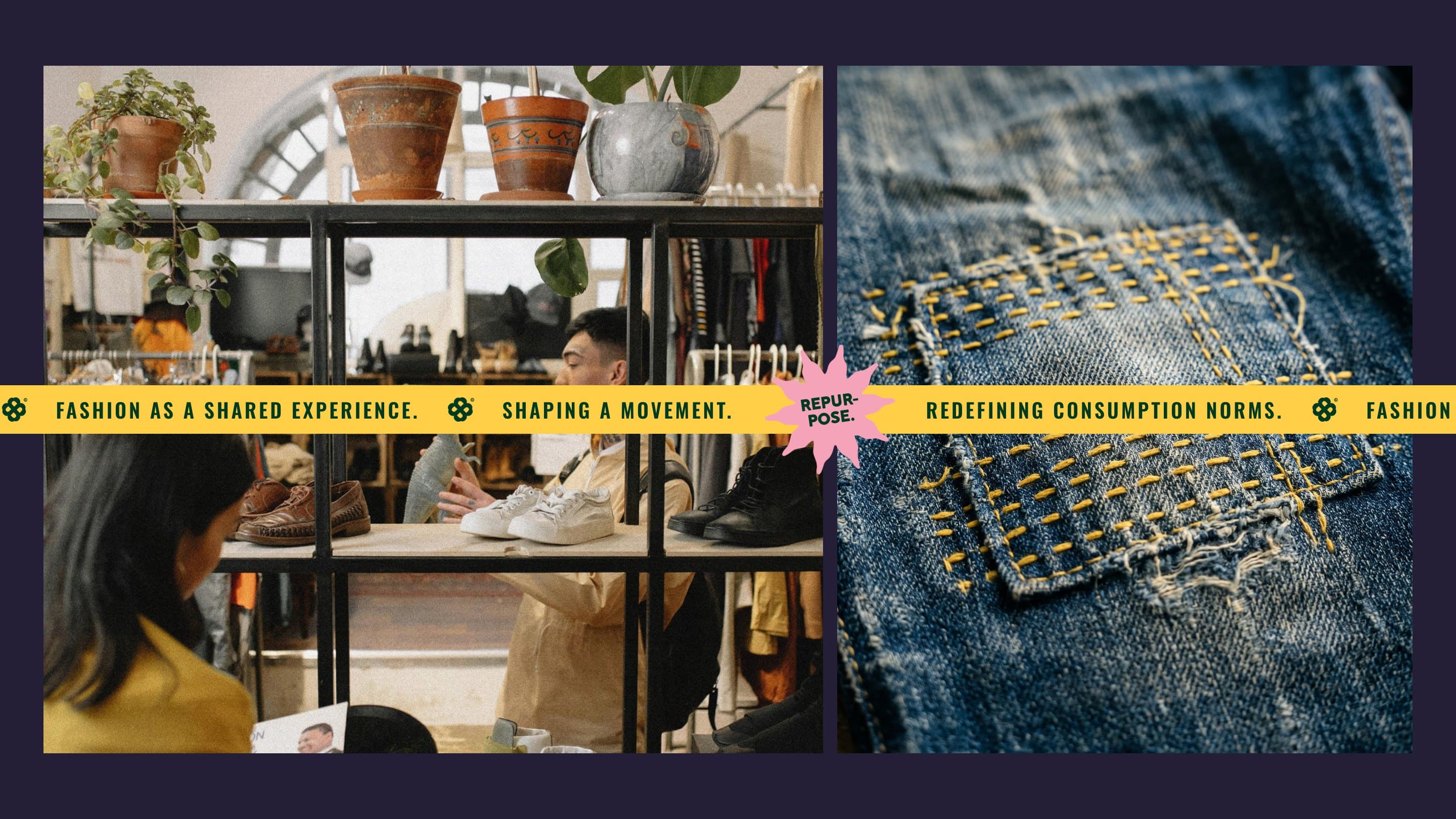 The workshop space and yellow sashiko mending, with the band and a Repurpose sunflare
