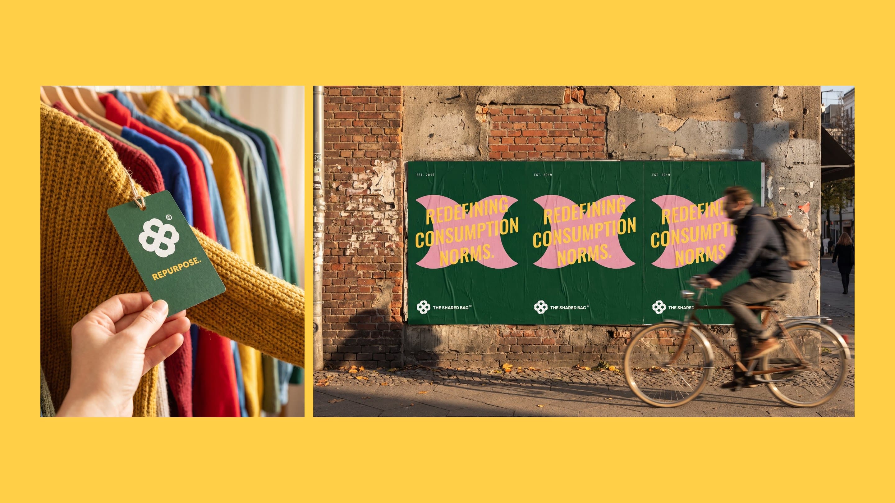A tagged rail, and Redefining consumption norms posters on a city wall