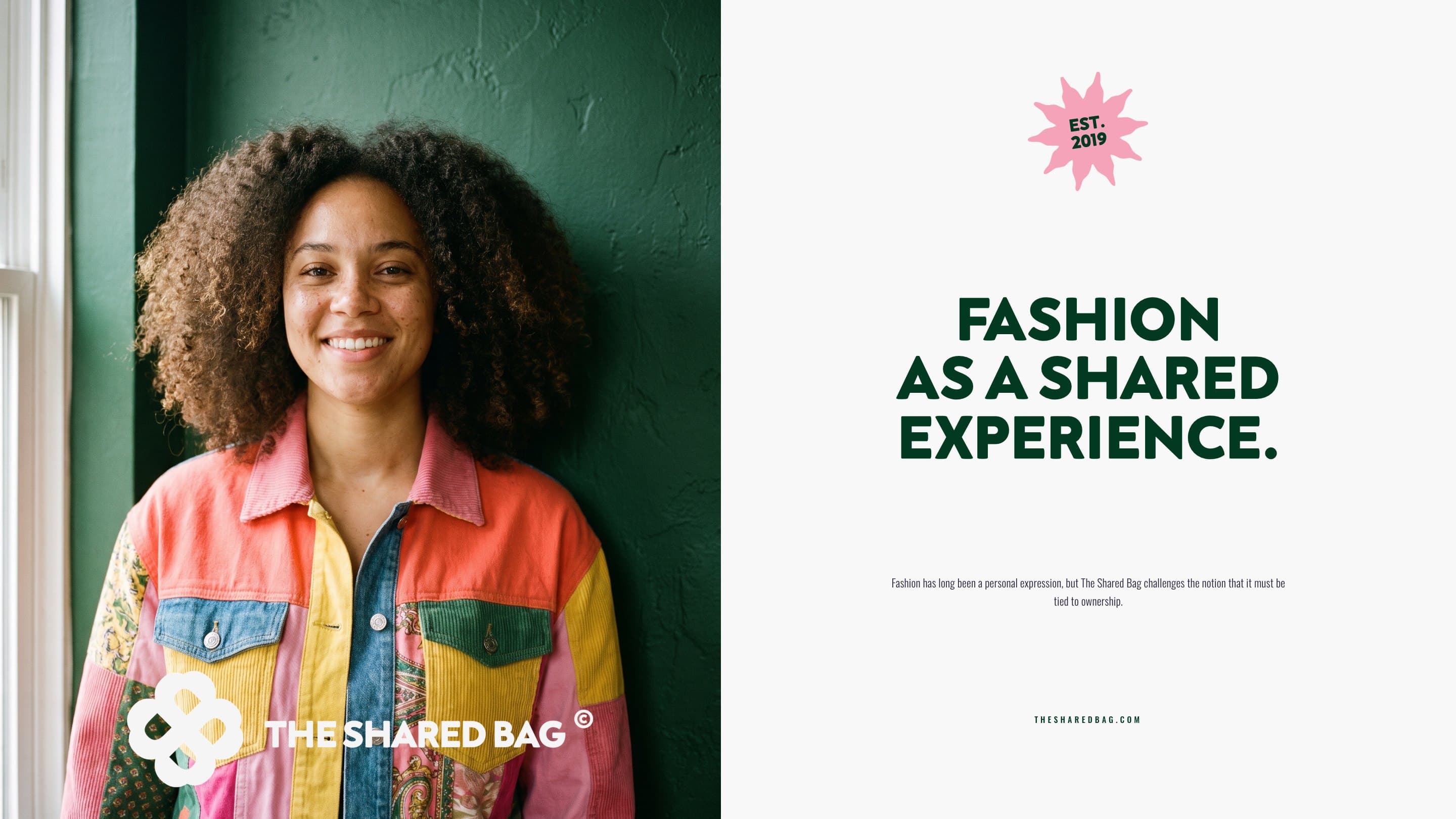 A member in a patchwork jacket with the logo, beside Fashion as a shared experience set large