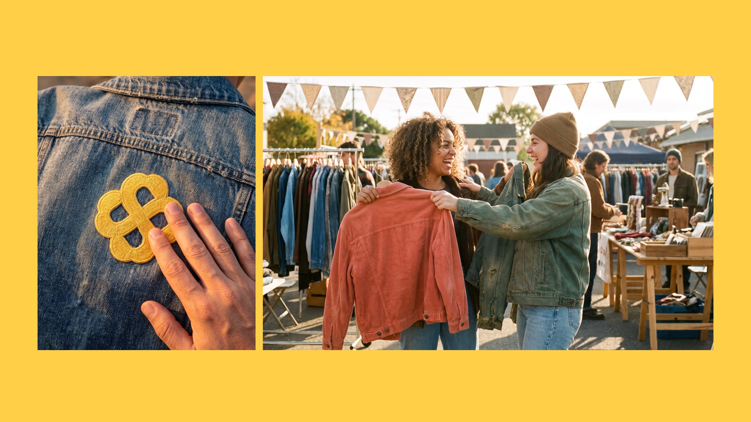 A clover patch pressed onto denim, and two friends swapping jackets