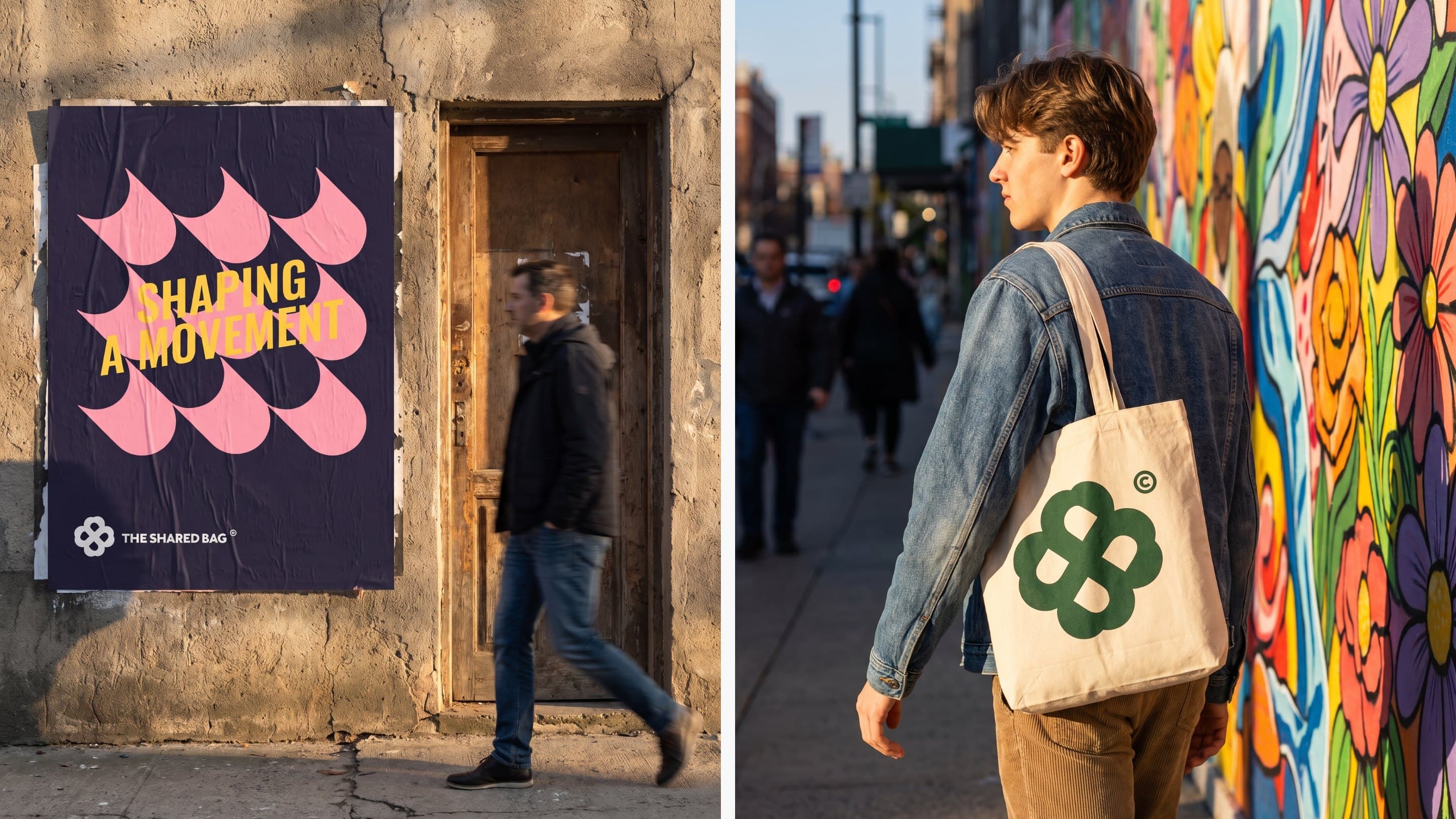 The Shaping a movement poster on a wall, and the clover tote on the street
