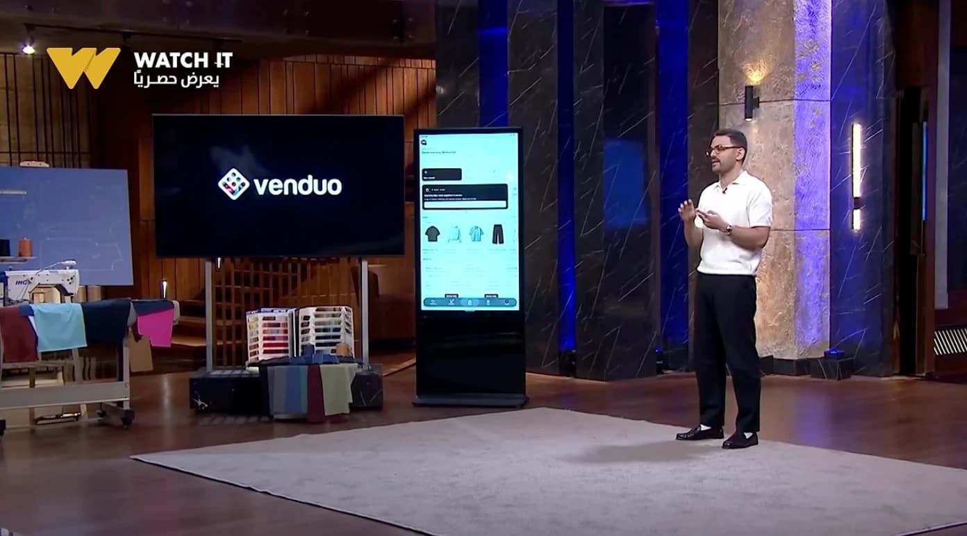The Shark Tank Egypt stage, its screen showing the Venduo logo, as broadcast on Watch It