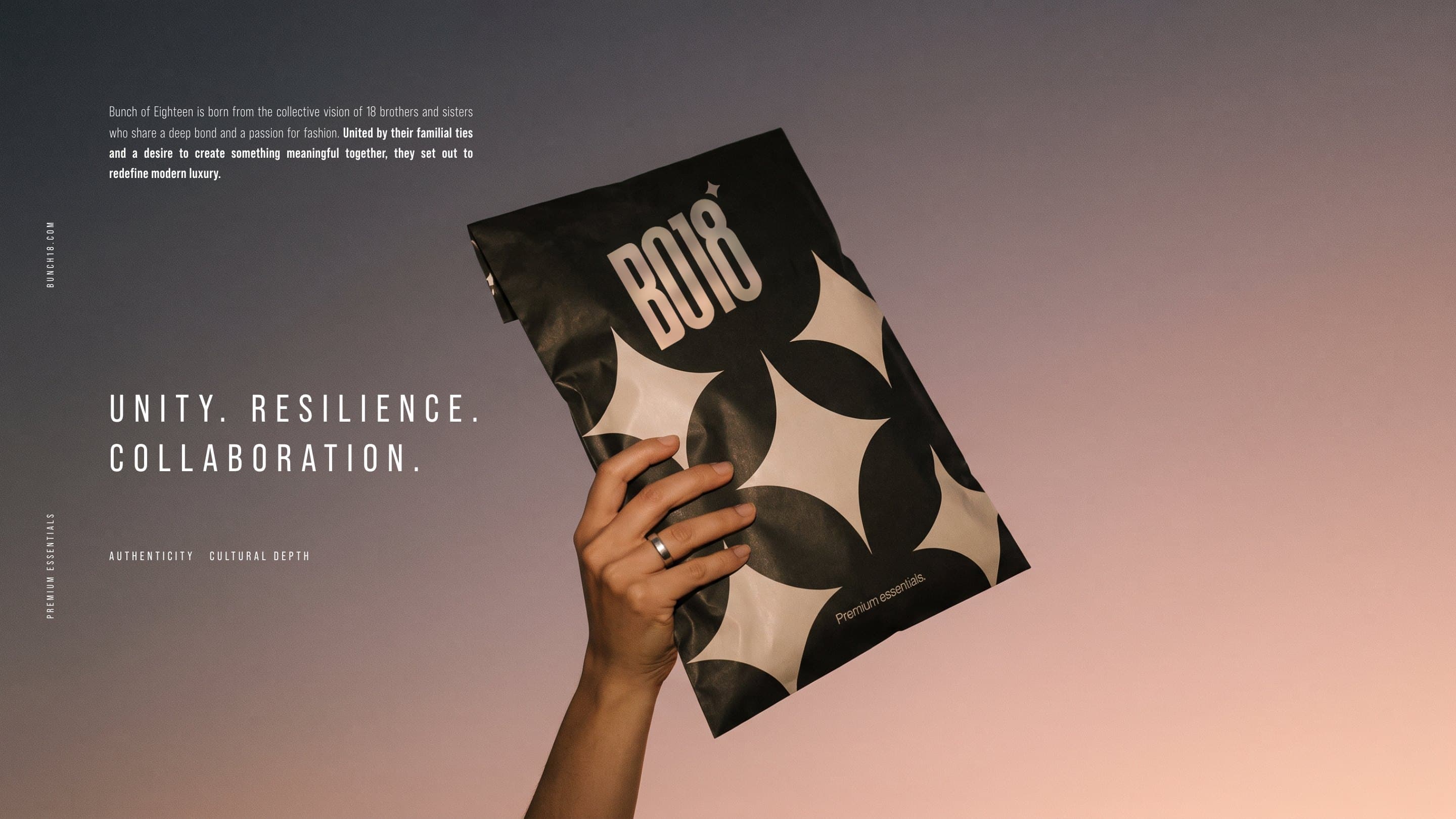 A hand holds the black BO18 mailer with its four-point stars up against a dusk sky, beside the founding story