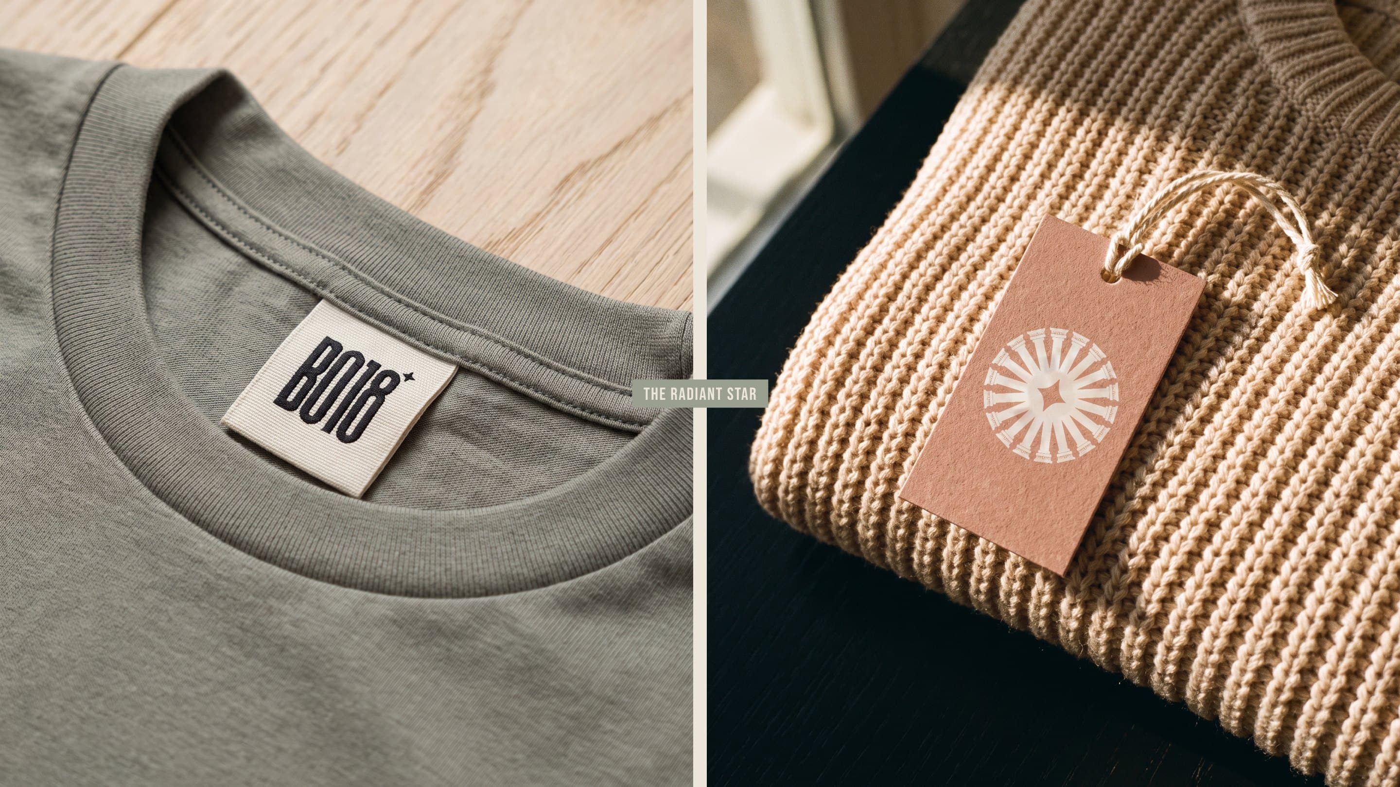 The woven BO18 label in an olive tee, and the rosy hang tag with the radiant star on a sandstone knit