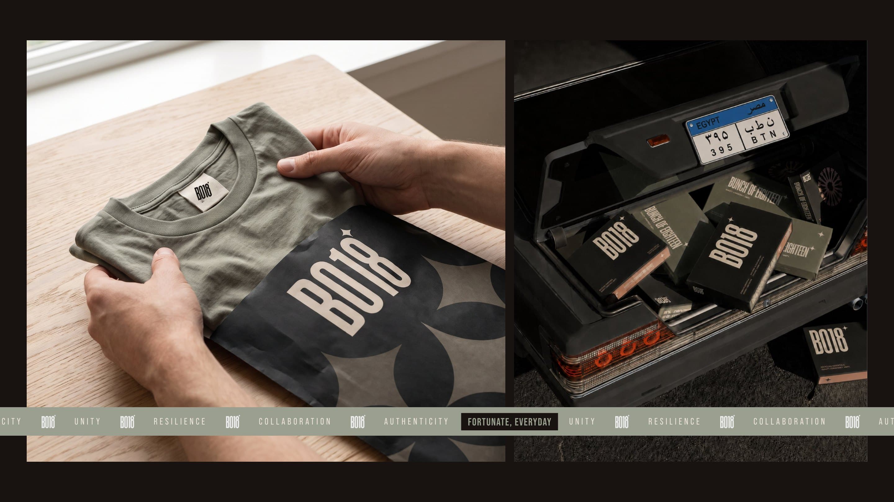 Hands fold an olive BO18 tee into the starred mailer, and BO18 boxes in the boot of a car, the keyword band across both