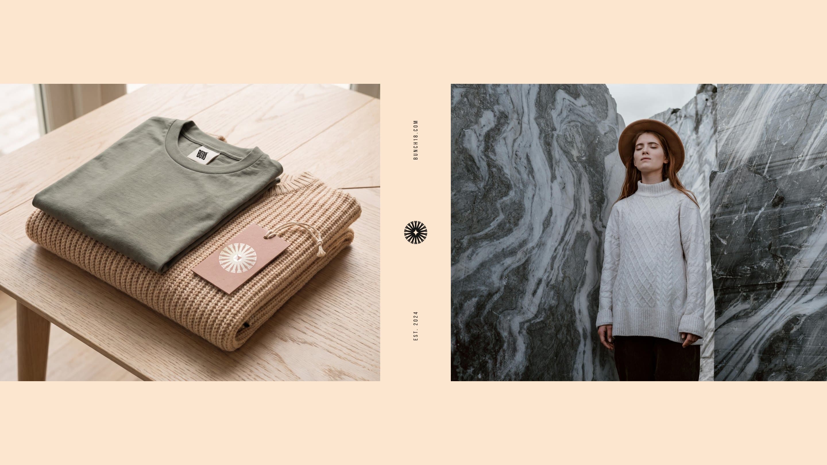 An olive BO18 tee on a sandstone knit with its hang tag, and a woman in a white knit at a marble quarry