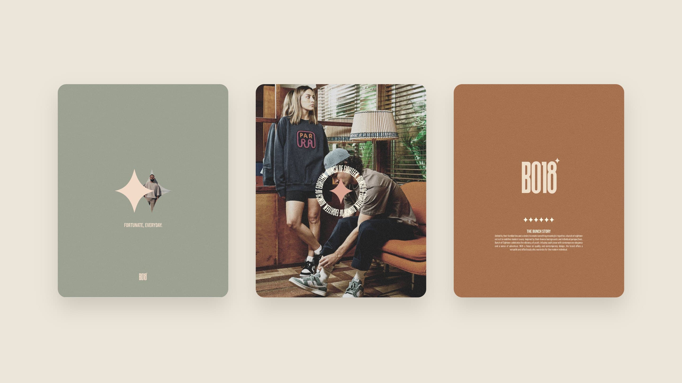 Three BO18 posts: the radiant star on olive, two friends in a lounge, and the Bunch story on rosy brown
