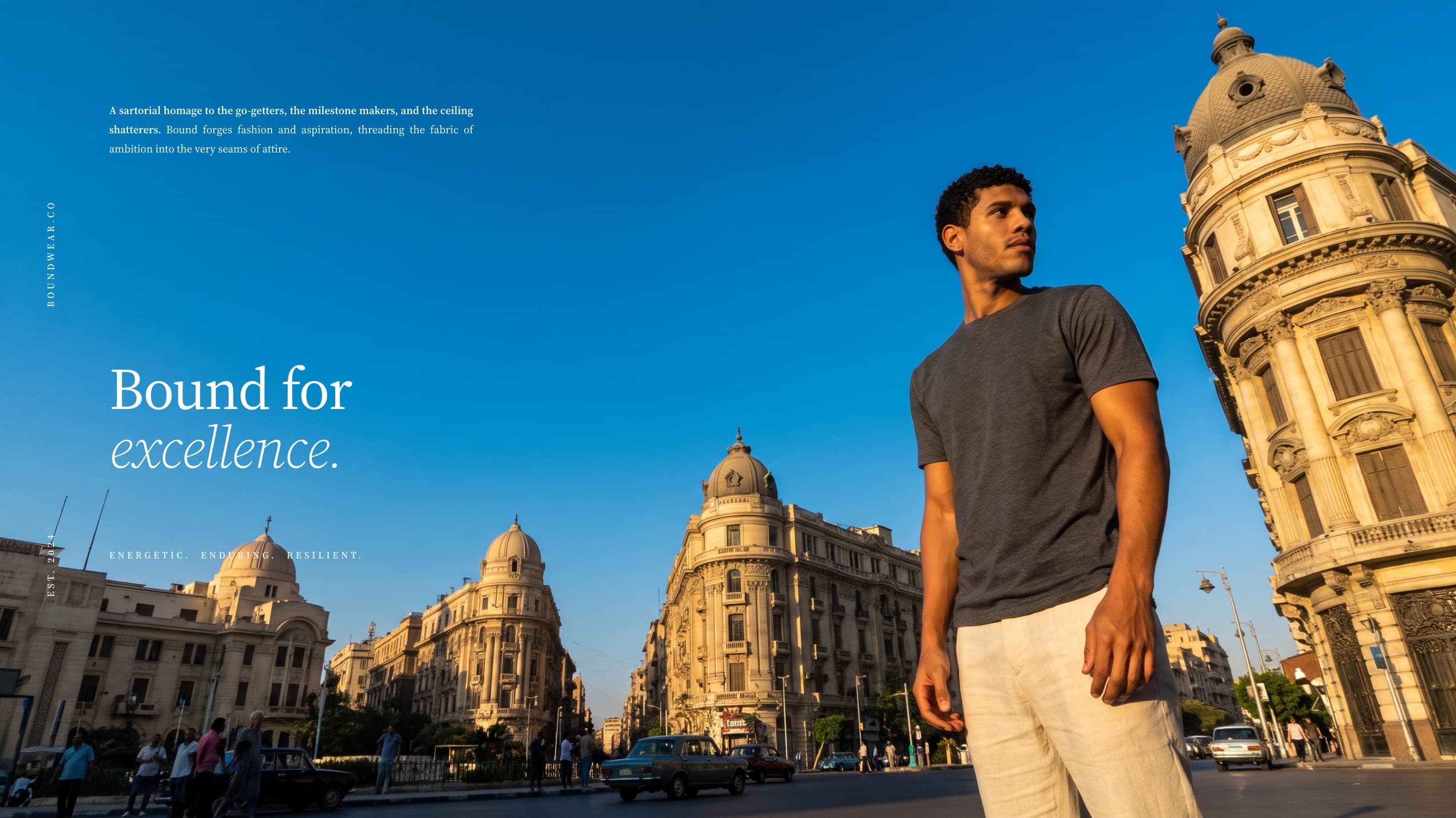 A model in a charcoal tee against the downtown Cairo sky: Bound for excellence.