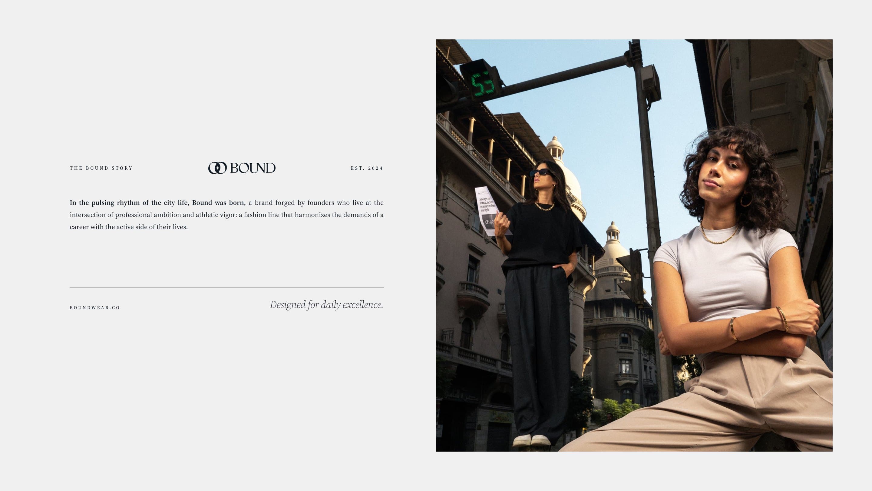 A model from the Bound shoot beside the Bound story in the guidebook's words