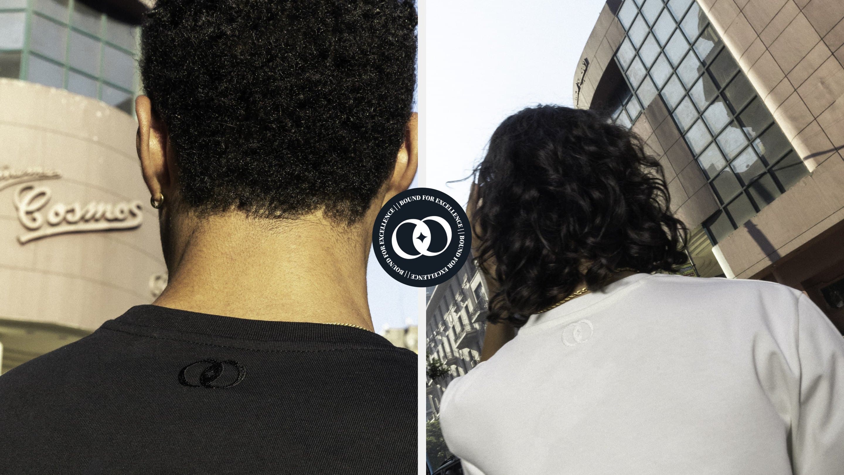 The embroidered backs of a black and a white Bound tee from the shoot, with the badge