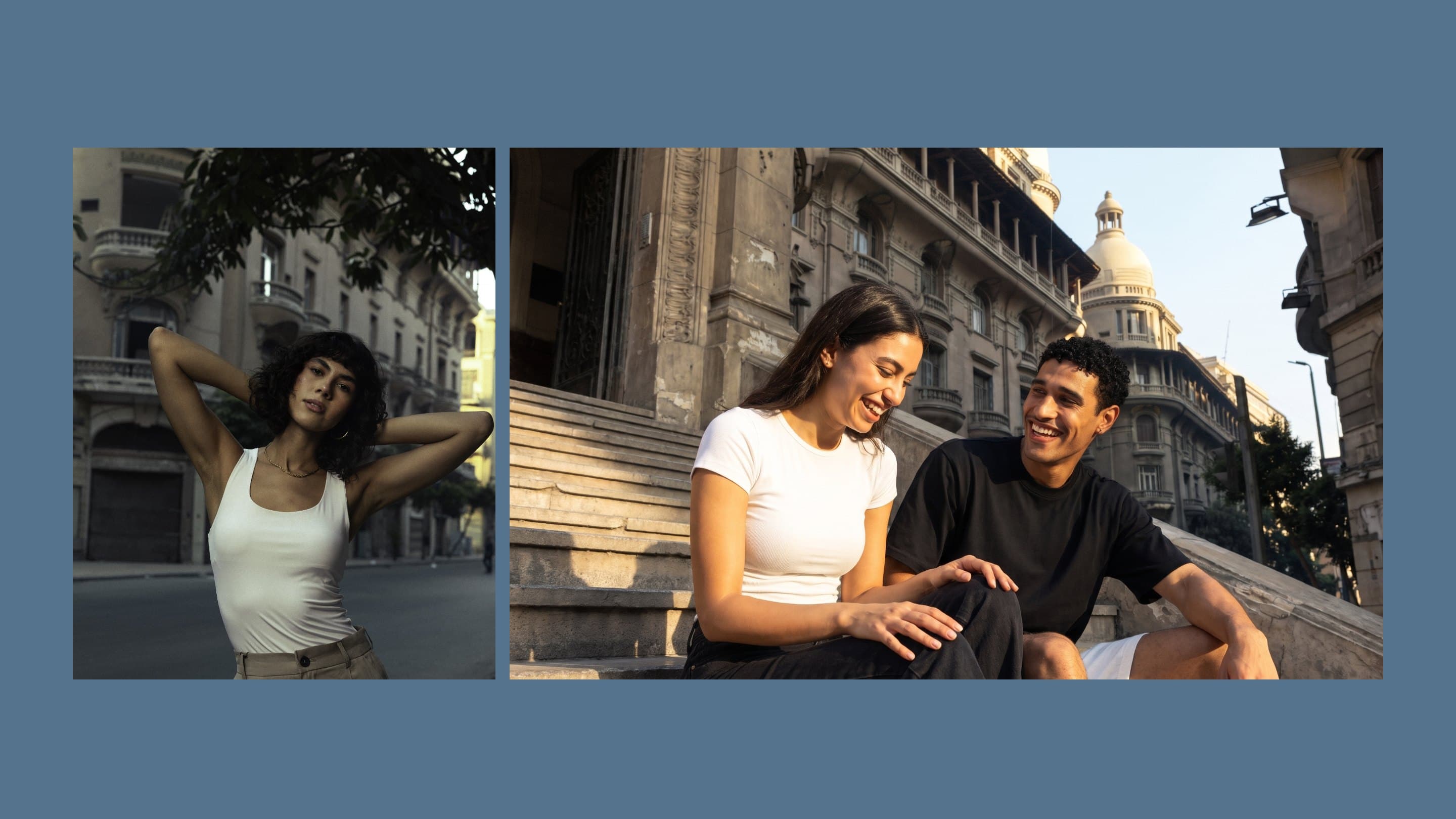A model in the satin top, and two friends laughing on downtown steps