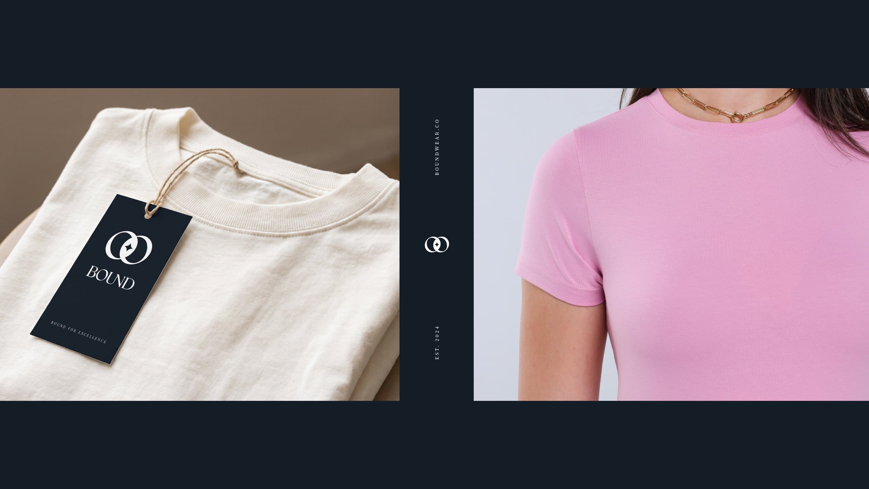 The Bound hang tag on an off-white tee, and a fitted pink tee up close
