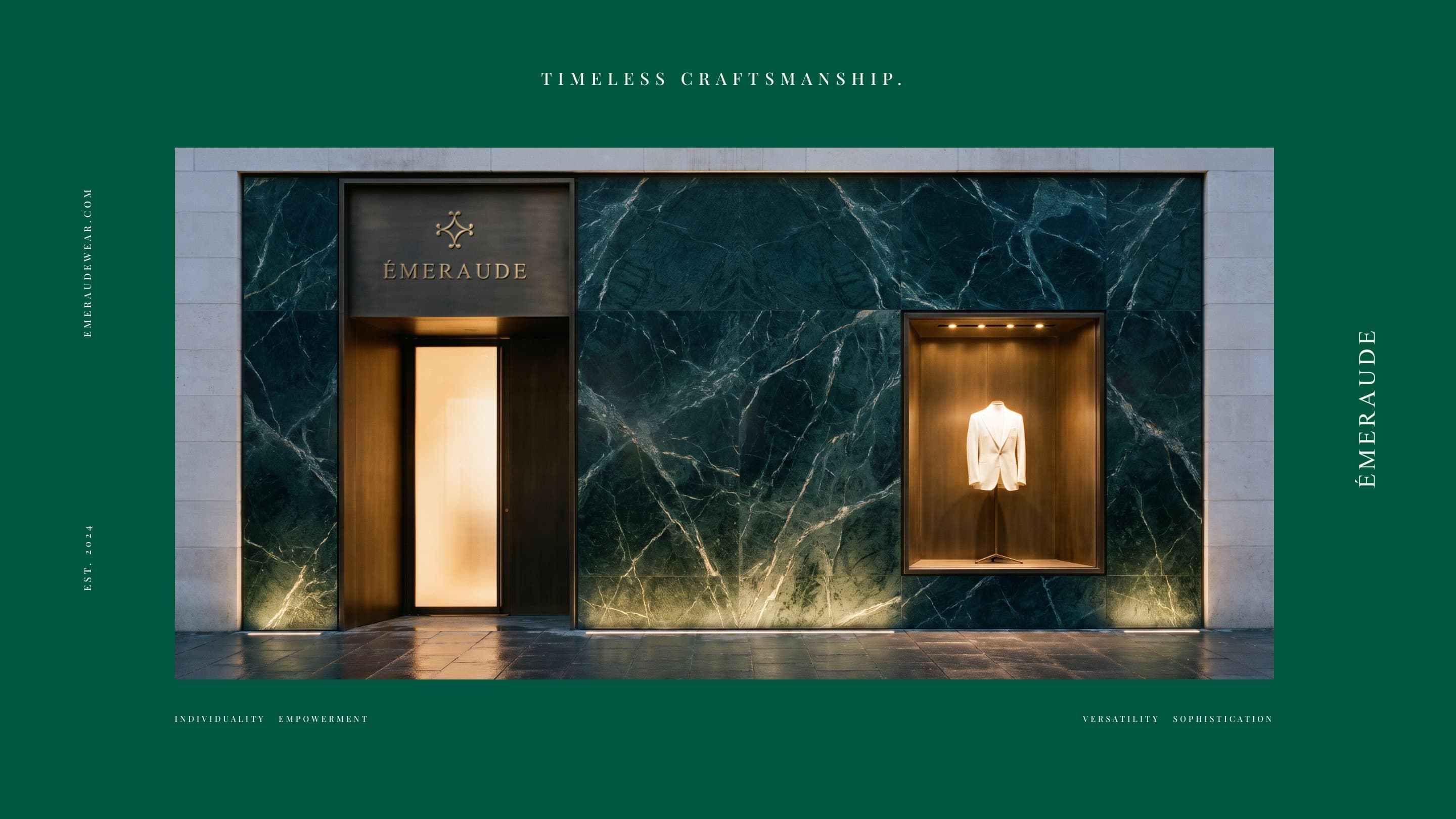 The Émeraude flagship at blue hour, a monolith of green Verde Alpi marble with a bronze portal, the name in brass over the door and an ivory jacket in a lit niche: Timeless craftsmanship.