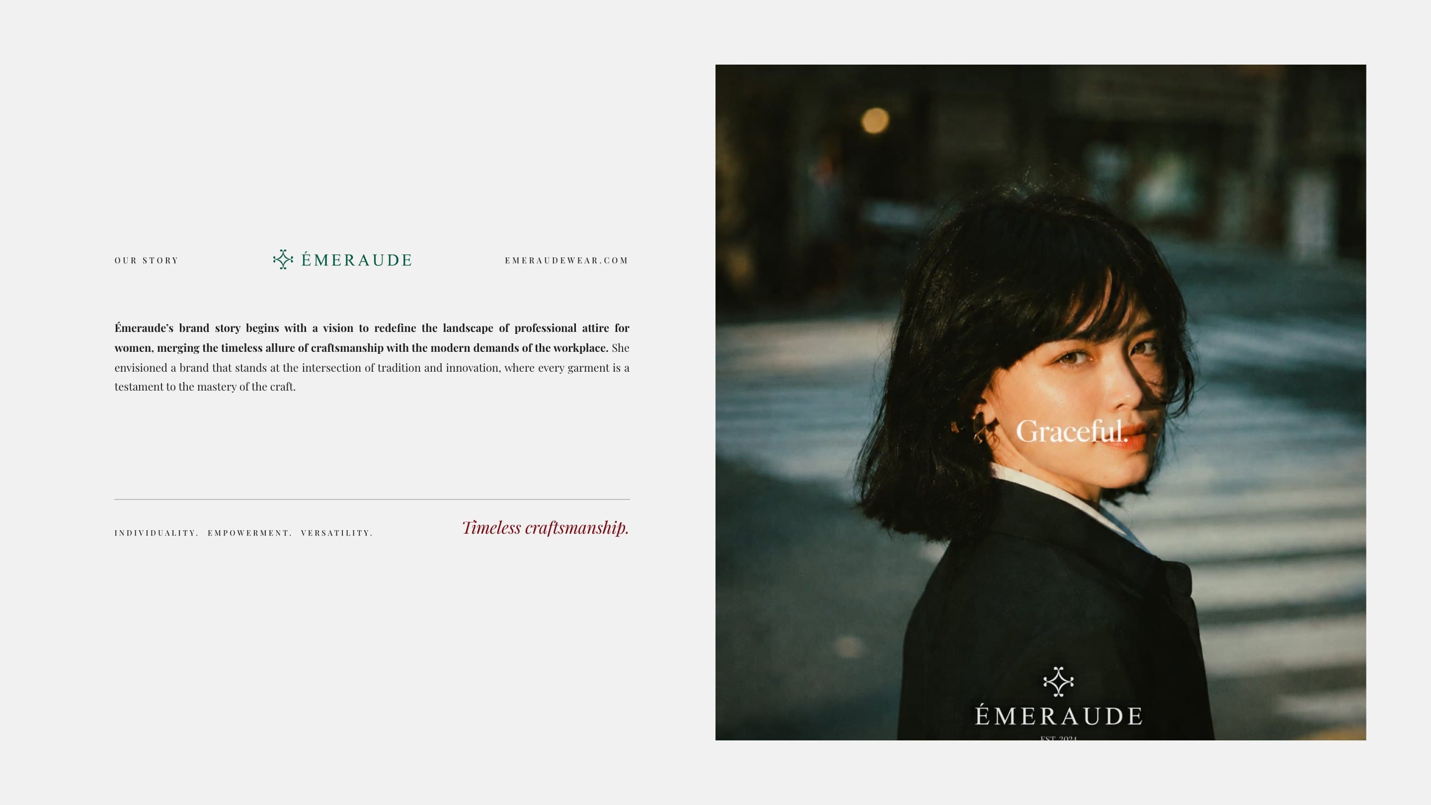 The Émeraude story in the guide's words beside a campaign portrait with the lockup