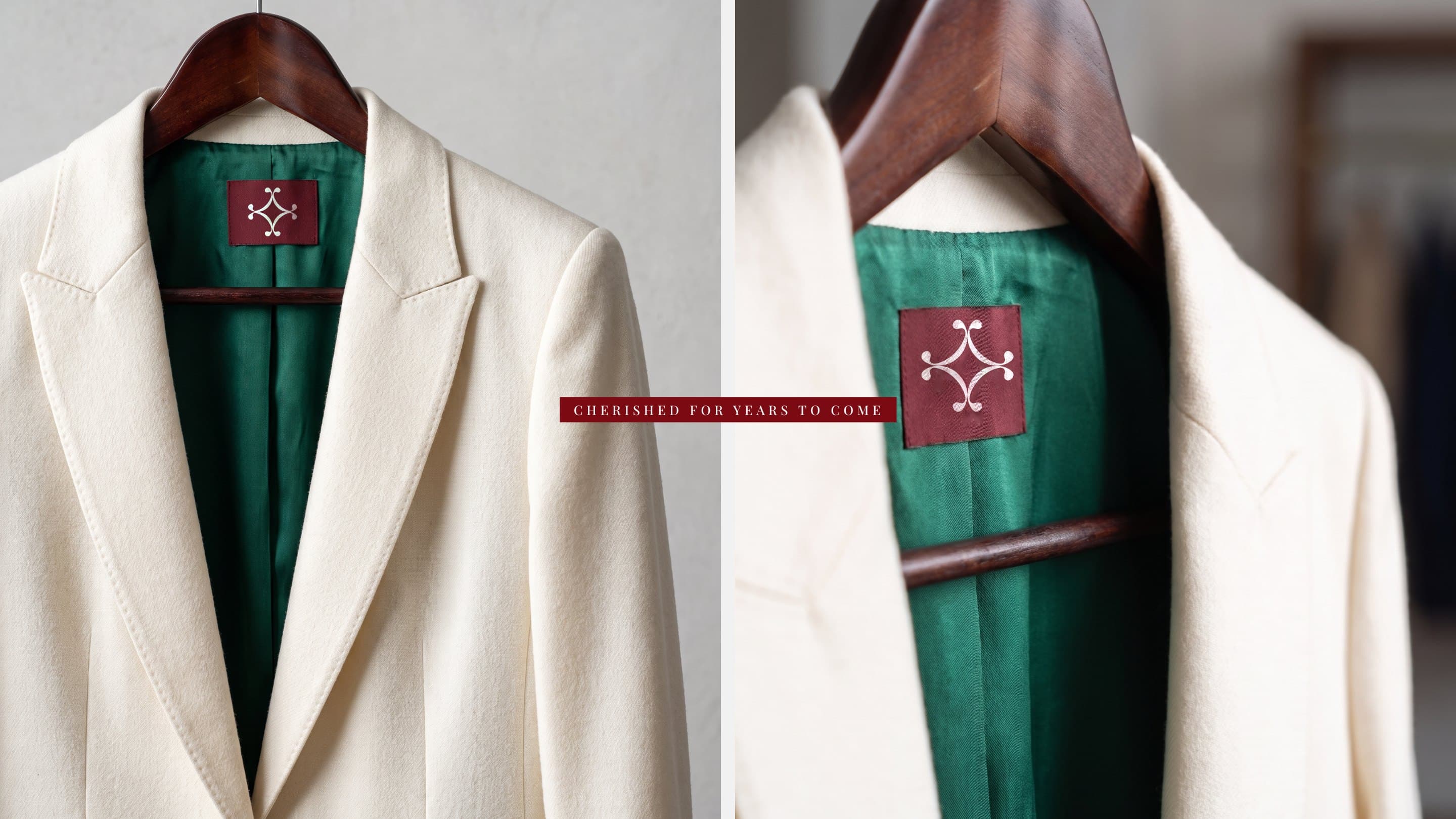 The maroon Émeraude label in a green-lined ivory blazer, close and on its hanger: Cherished for years to come