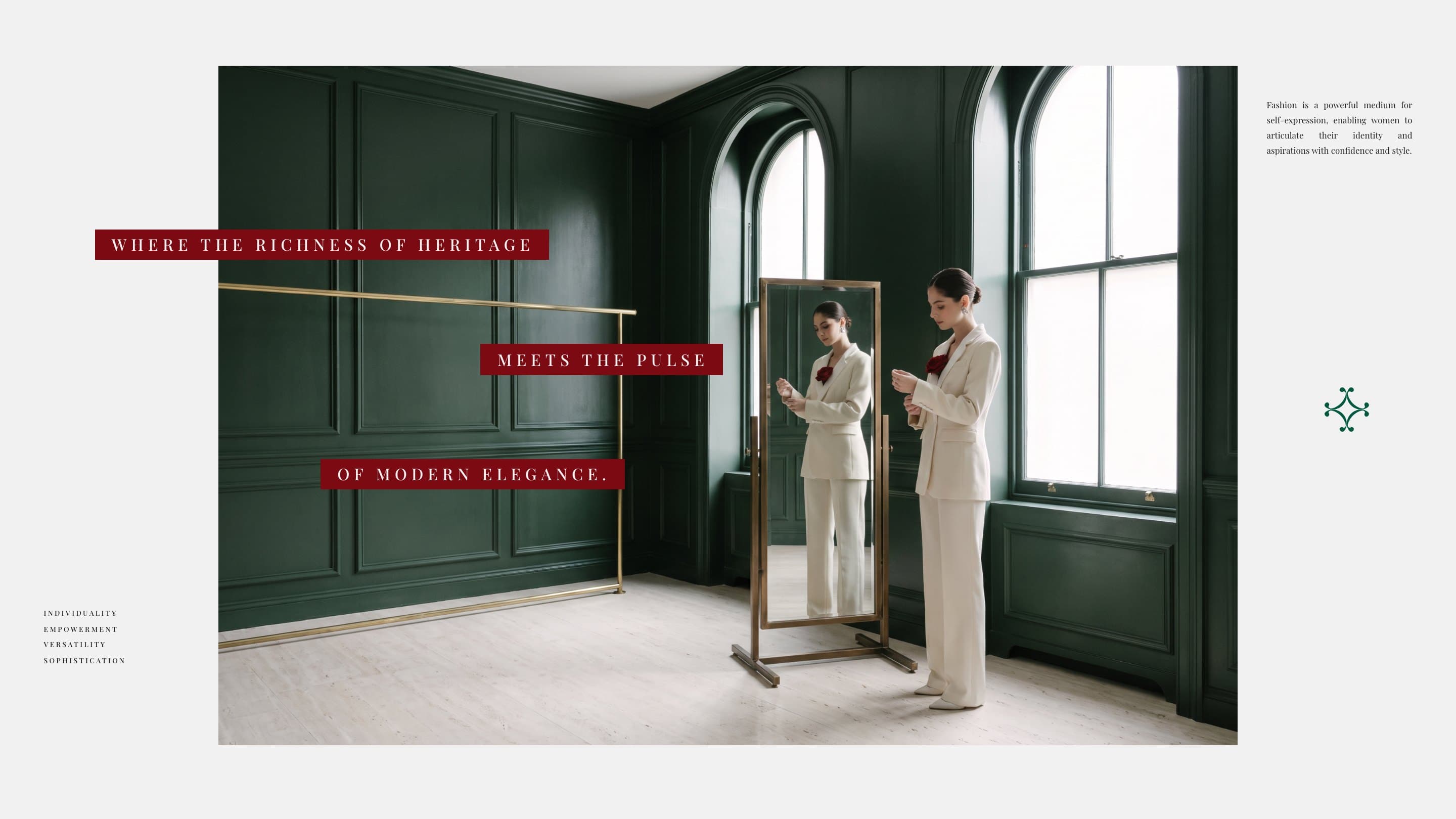 A model in an ivory suit adjusts her cuff at a mirror in the Émeraude boutique: Where the richness of heritage meets the pulse of modern elegance.
