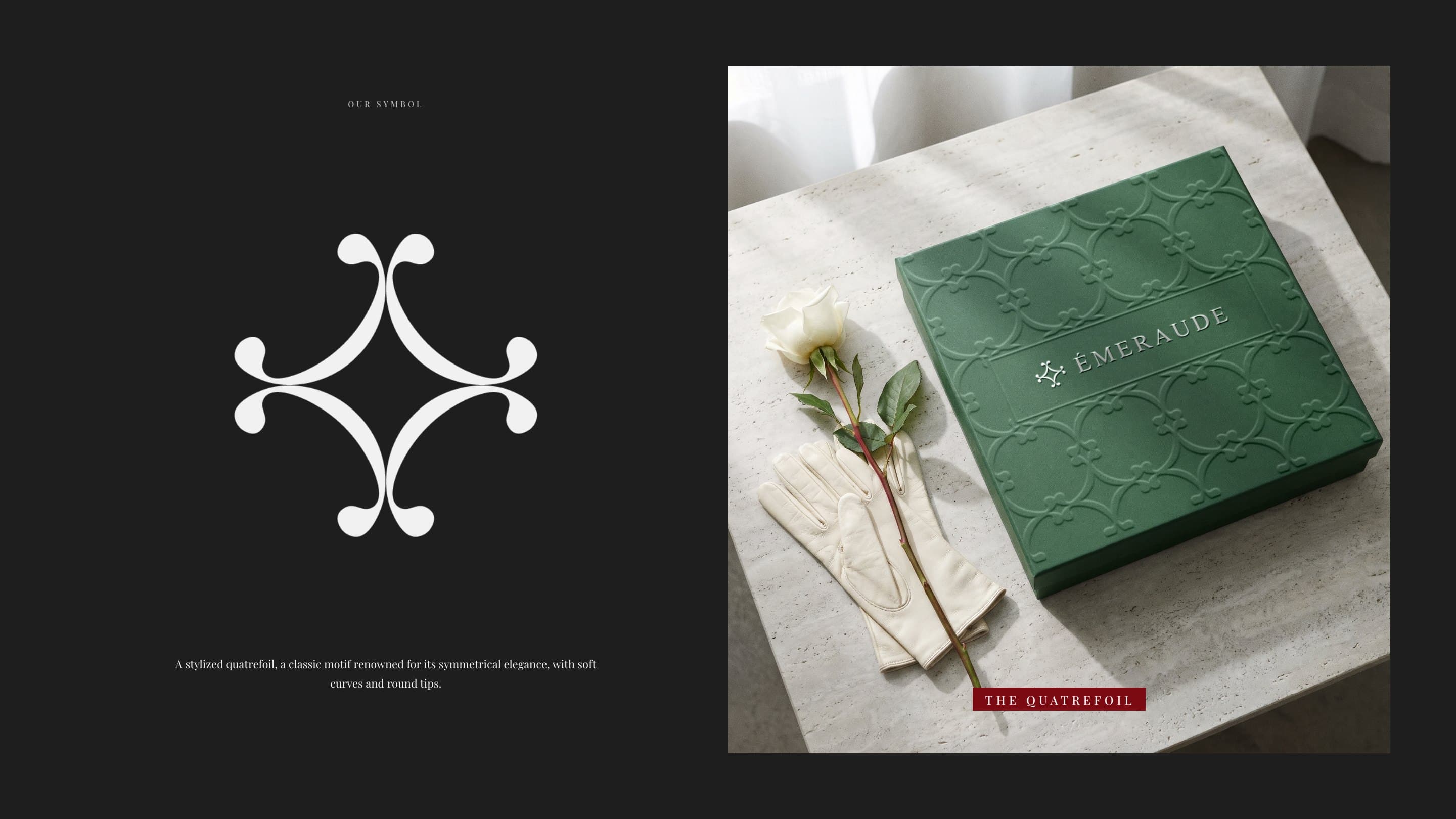 The Émeraude ornament in silver on black, and a green Émeraude box blind-embossed with the quatrefoil lattice and foil-stamped with the lockup, beside a white rose and ivory gloves
