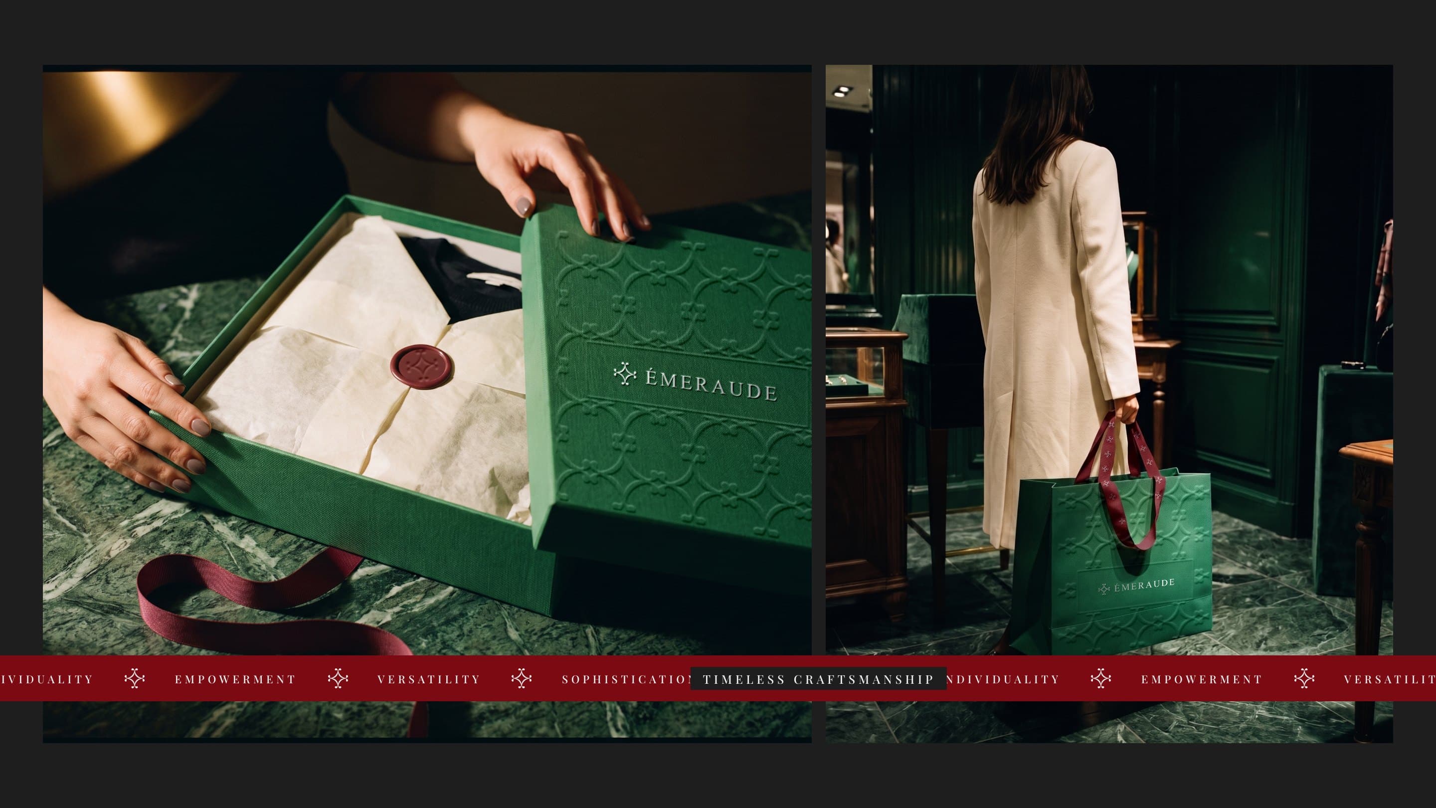Hands opening the green Émeraude box, its lid blind-embossed with the lattice and the tissue sealed with the ornament in maroon wax, and a client in an ivory coat carrying the green bag out